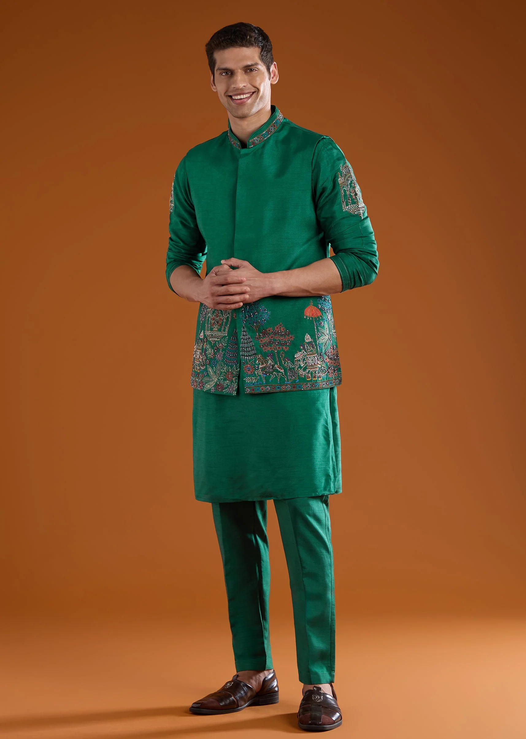 Green Dola Silk Jacket Kurta Set with Thread Work - Image 2