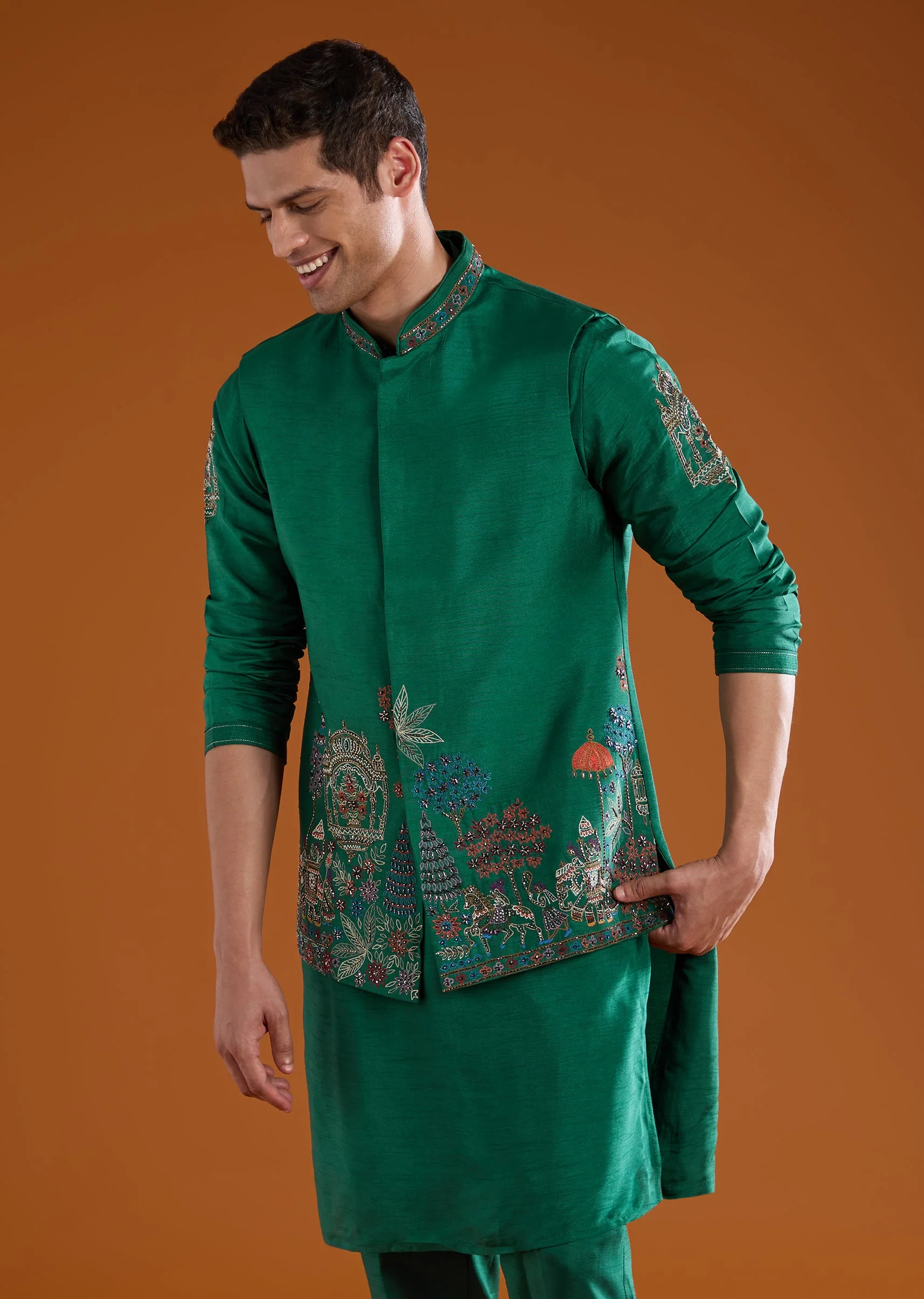 Green Dola Silk Jacket Kurta Set with Thread Work - Image 3