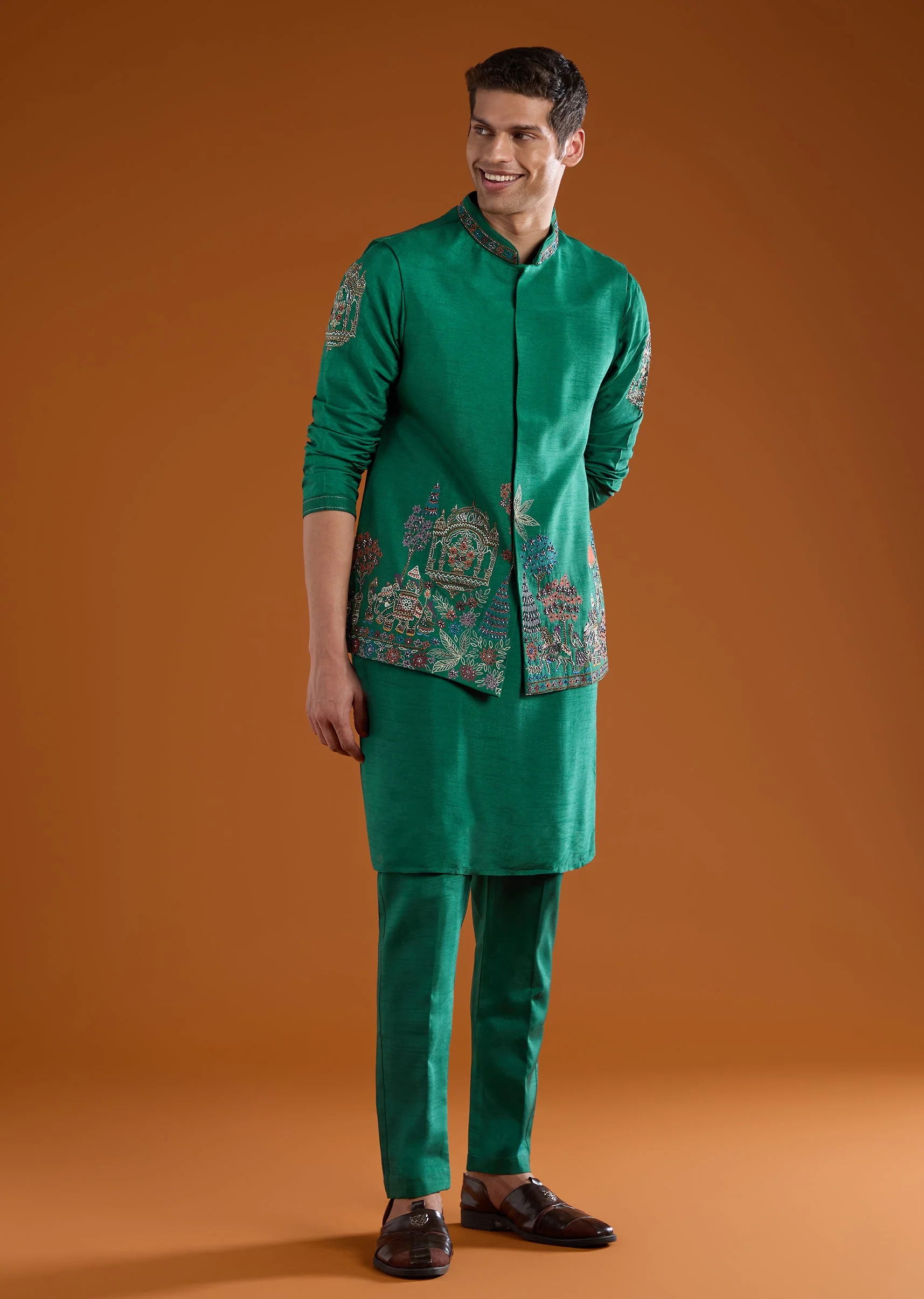 Green Dola Silk Jacket Kurta Set with Thread Work - Image 4