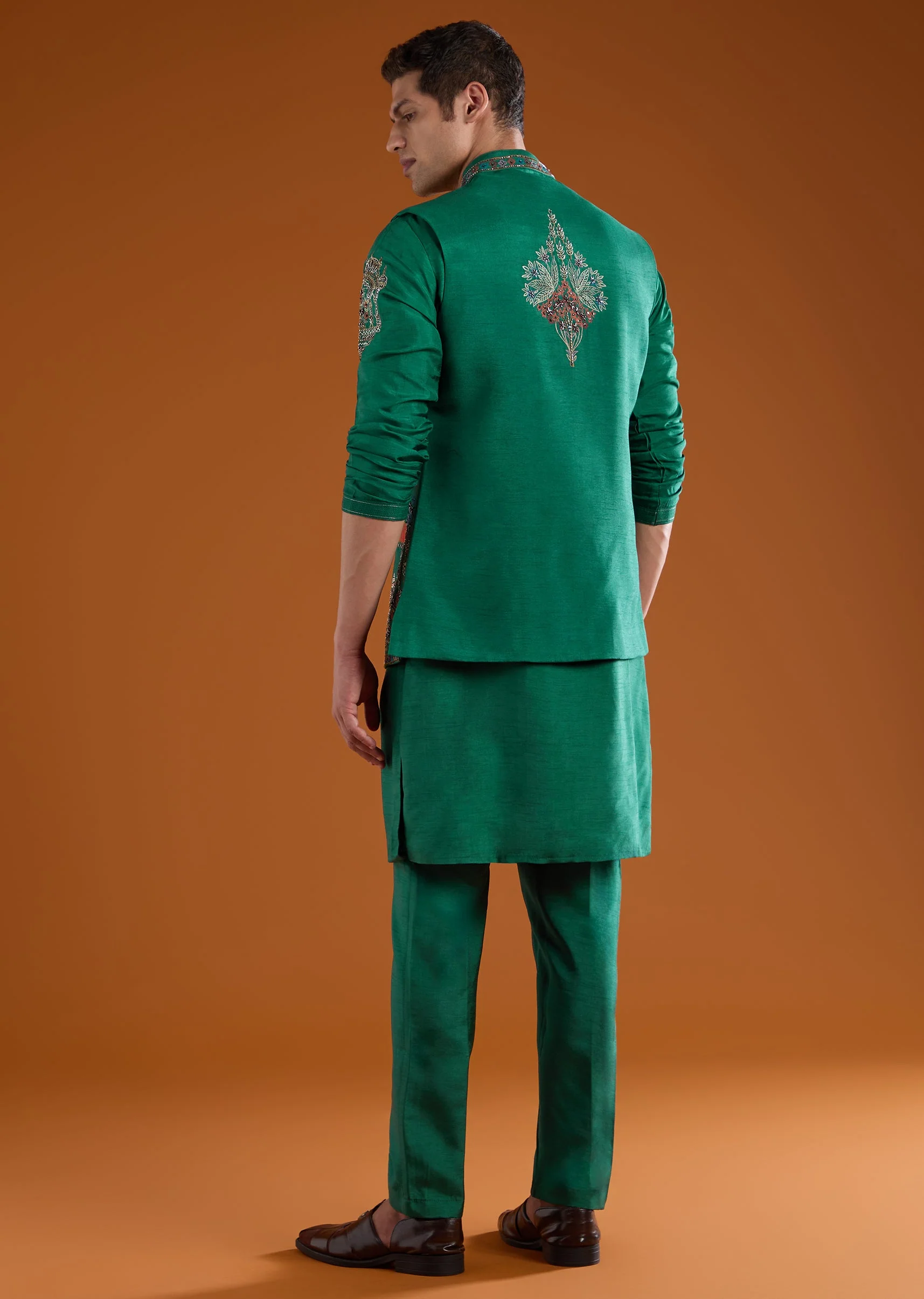 Green Dola Silk Jacket Kurta Set with Thread Work - Image 5