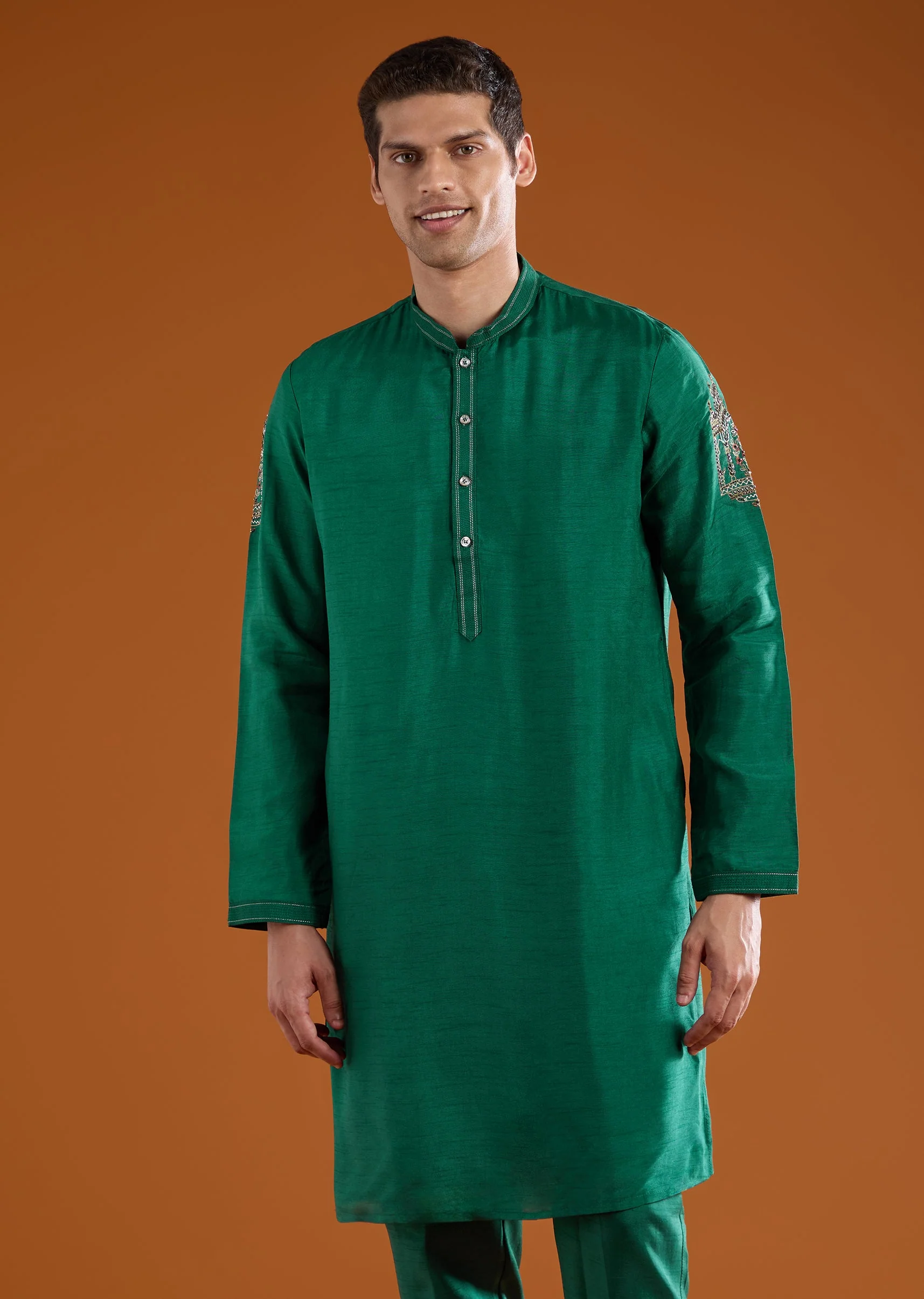 Green Dola Silk Jacket Kurta Set with Thread Work - Image 6
