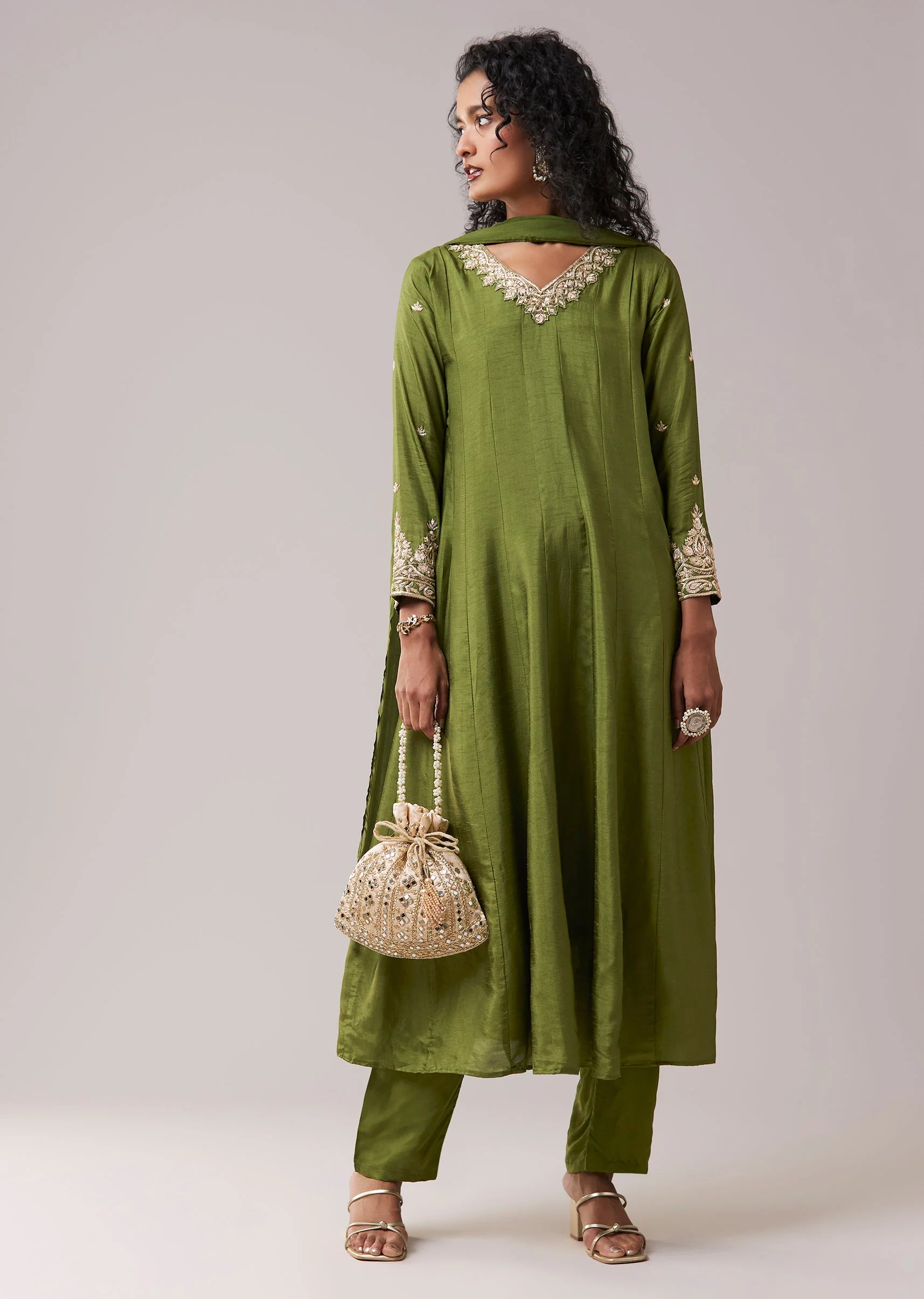 Green Dola Silk Zardozi Embellished Anarkali Pant Set - Image 3