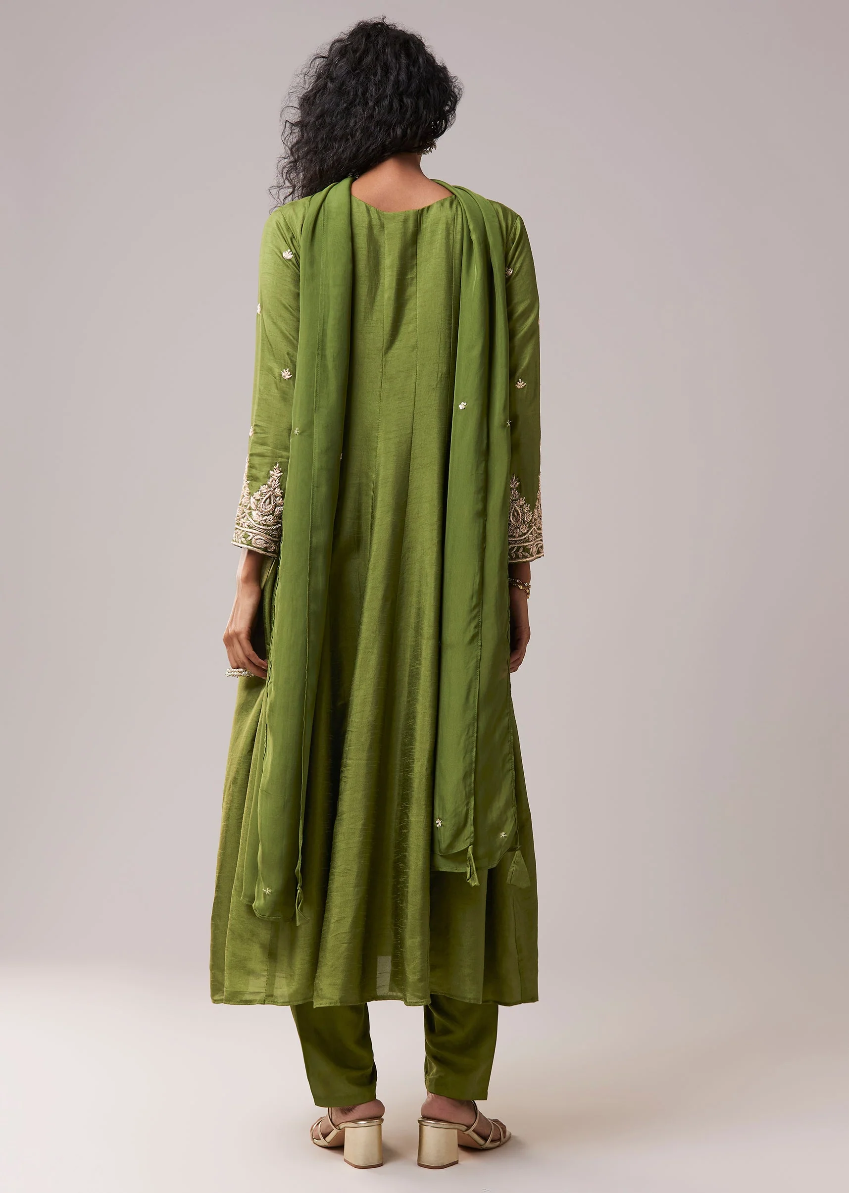 Green Dola Silk Zardozi Embellished Anarkali Pant Set - Image 5