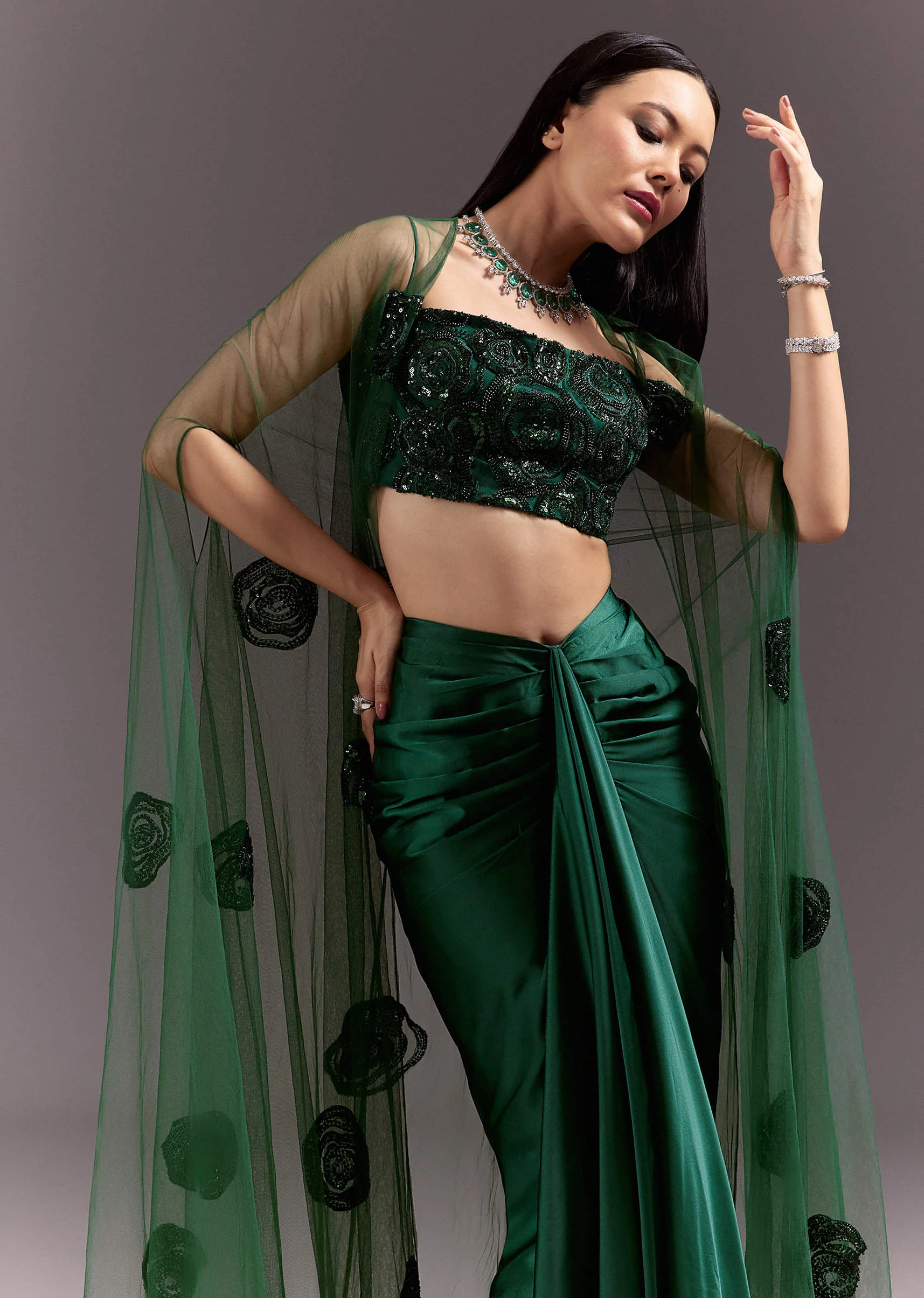 Green Drape Skirt Patched Jacket Set With Square Neck Blouse - Image 2