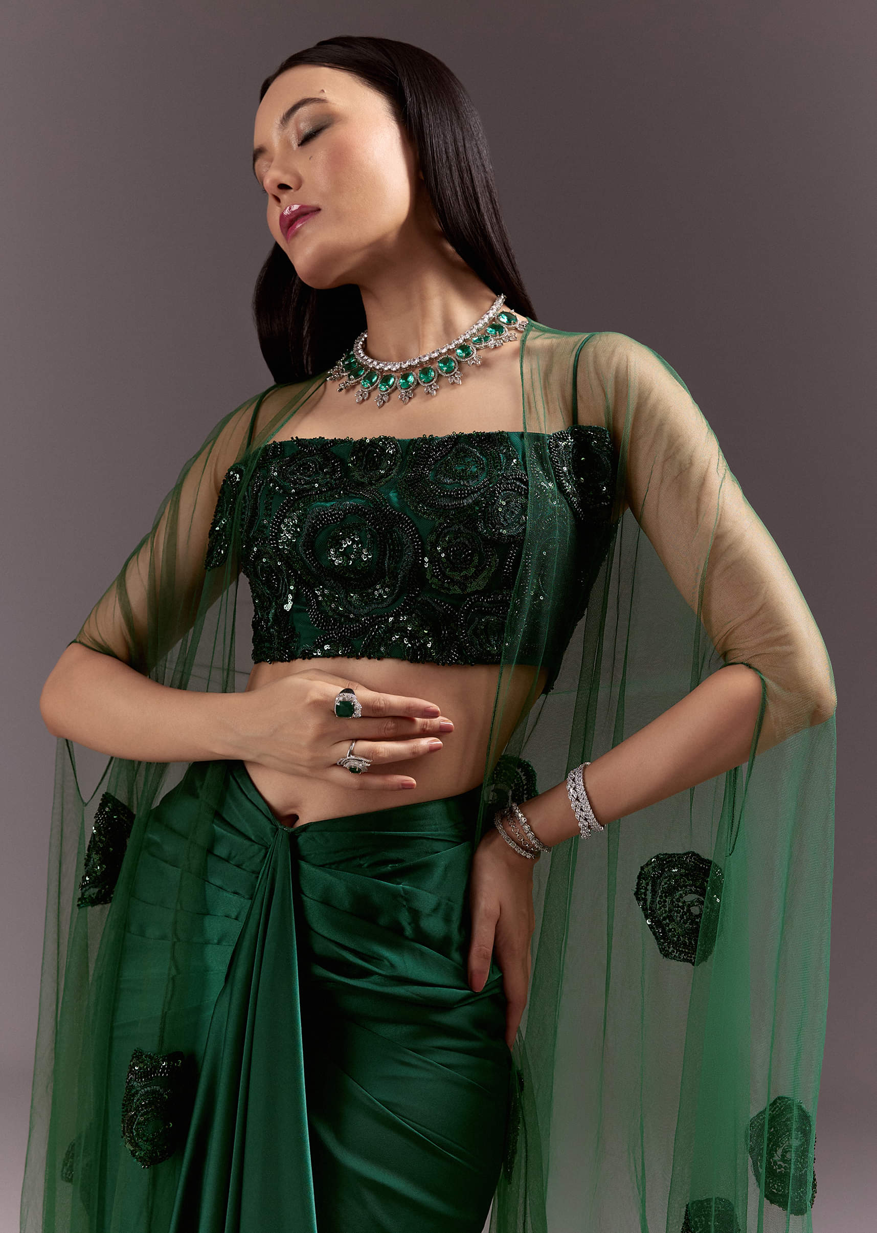 Green Drape Skirt Patched Jacket Set With Square Neck Blouse - Image 3