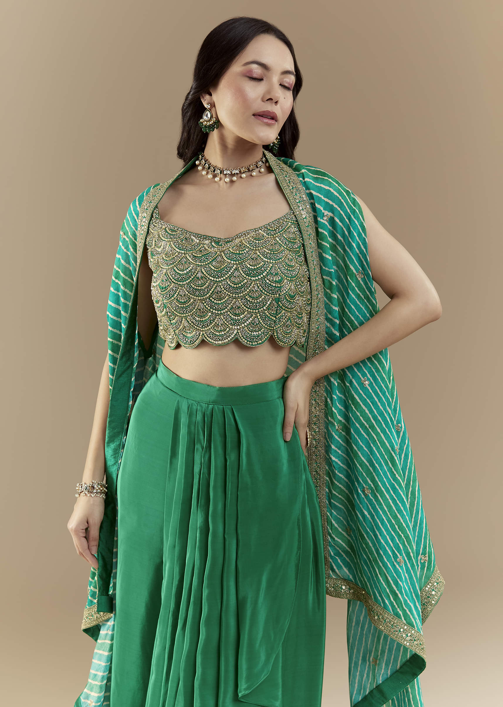 Green Embellished Crop Top Skirt Set with Leheriya Cape - Image 4