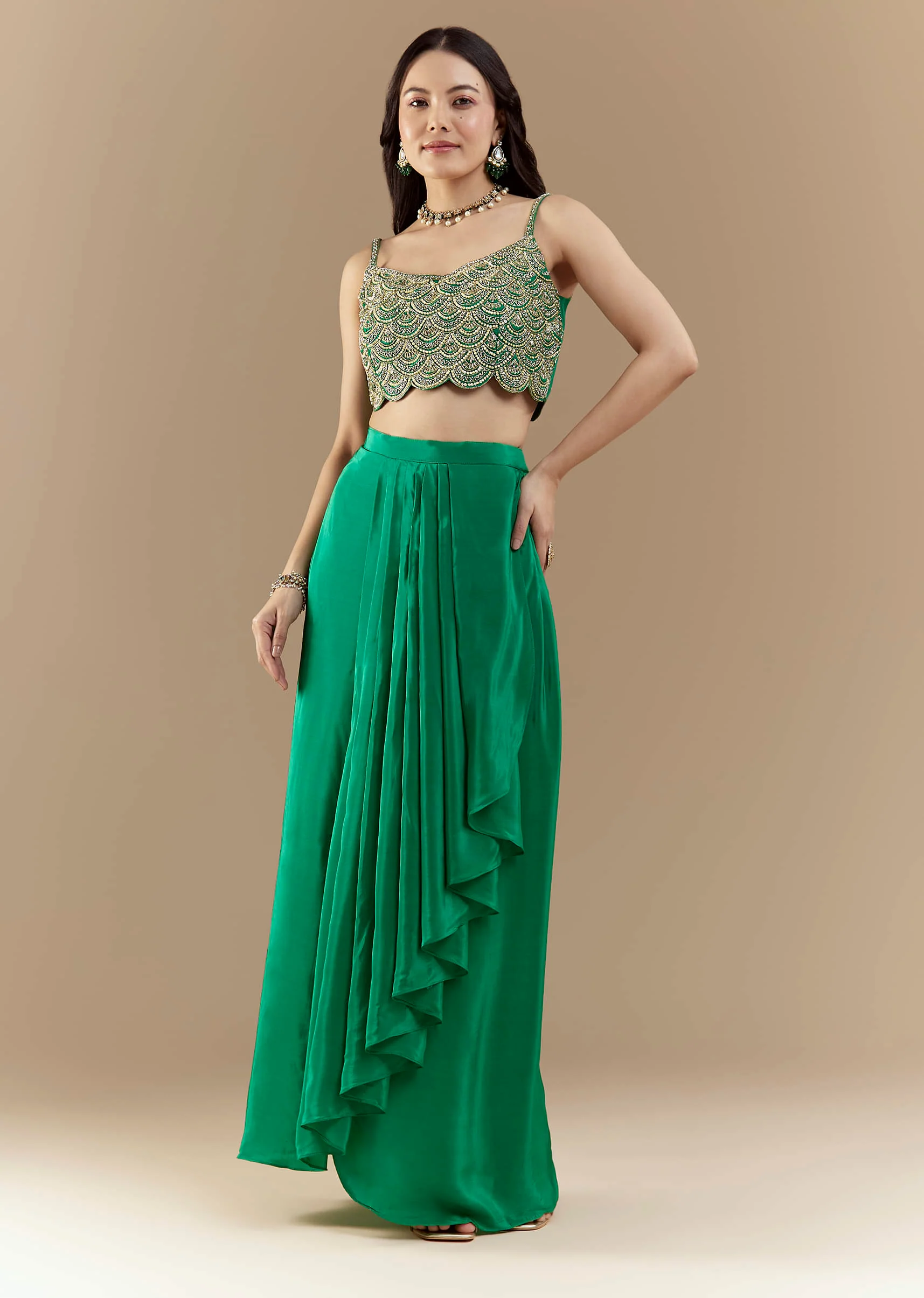 Green Embellished Crop Top Skirt Set with Leheriya Cape - Image 6
