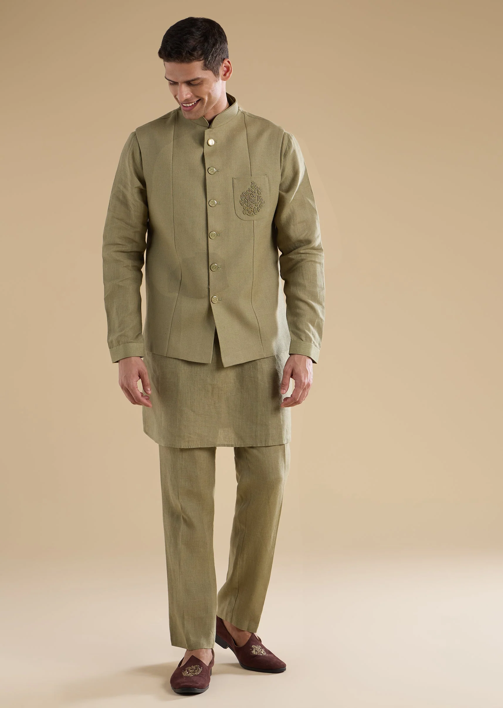 Green Embellished Linen Kurta Jacket Set - Image 4