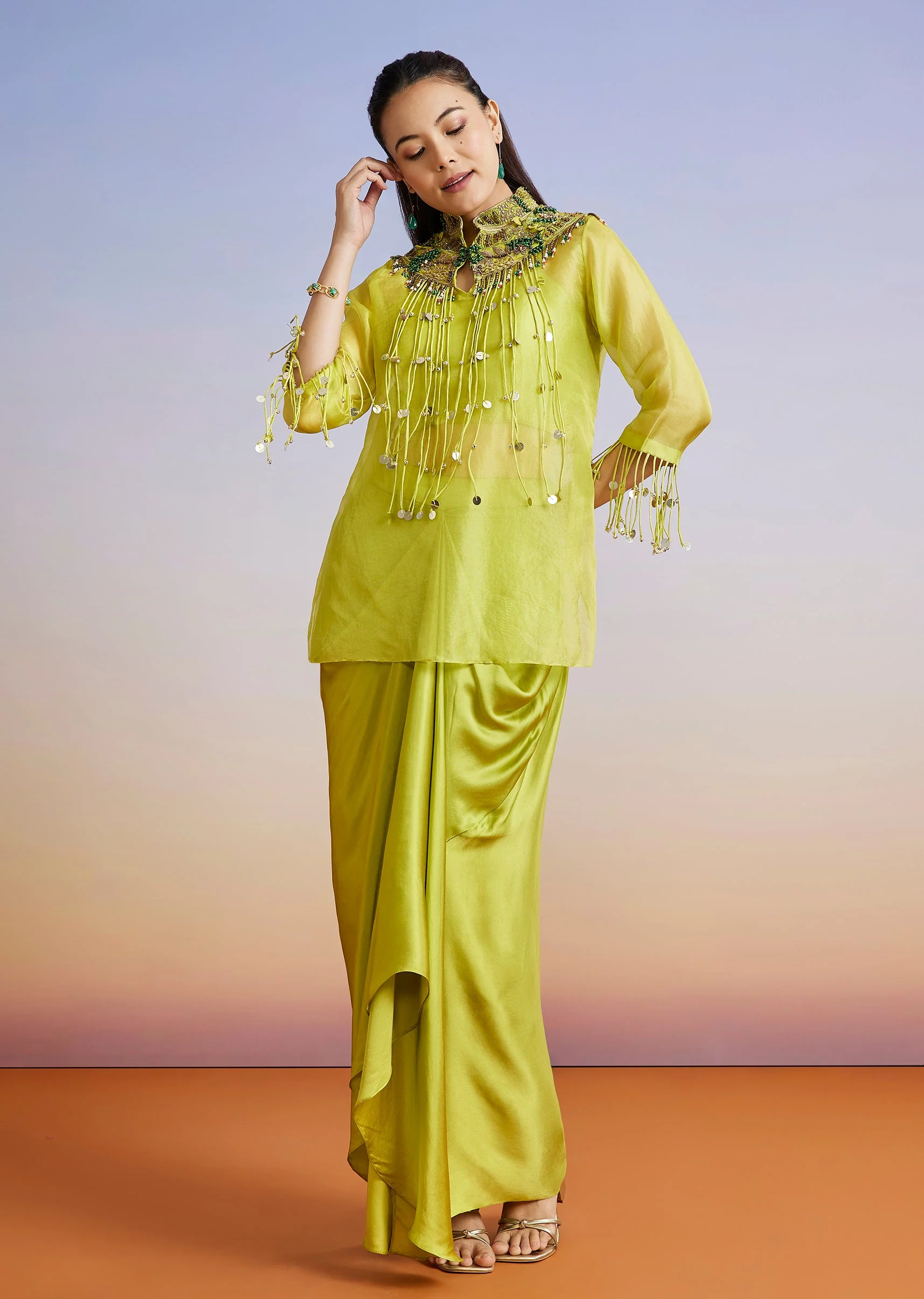 Green Embellished Organza Crop Top Skirt Set With Overlay - Image 3