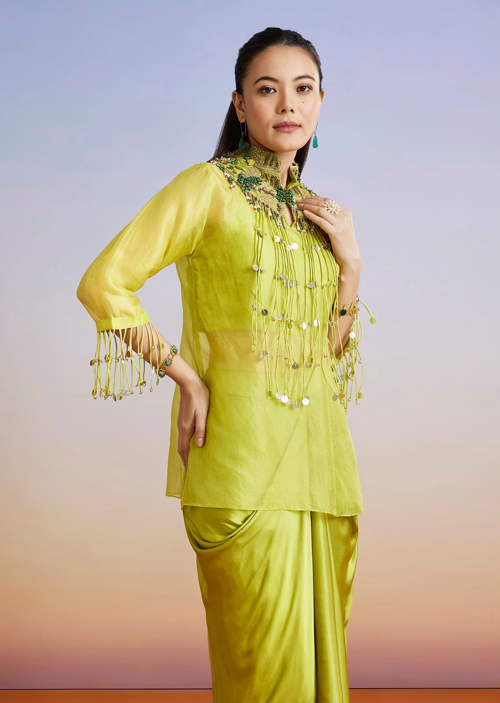 Green Embellished Organza Crop Top Skirt Set With Overlay - Image 5