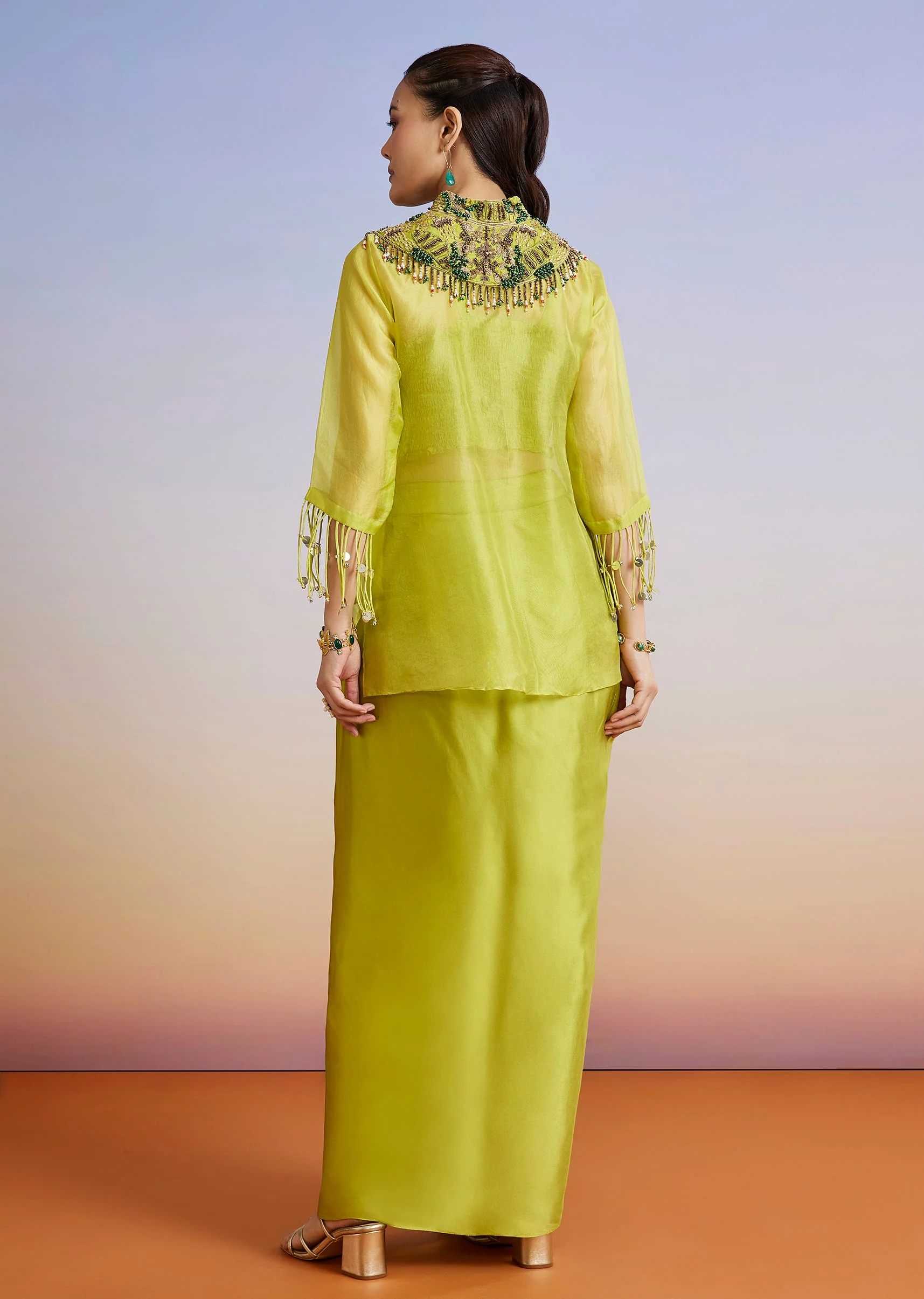Green Embellished Organza Crop Top Skirt Set With Overlay - Image 6