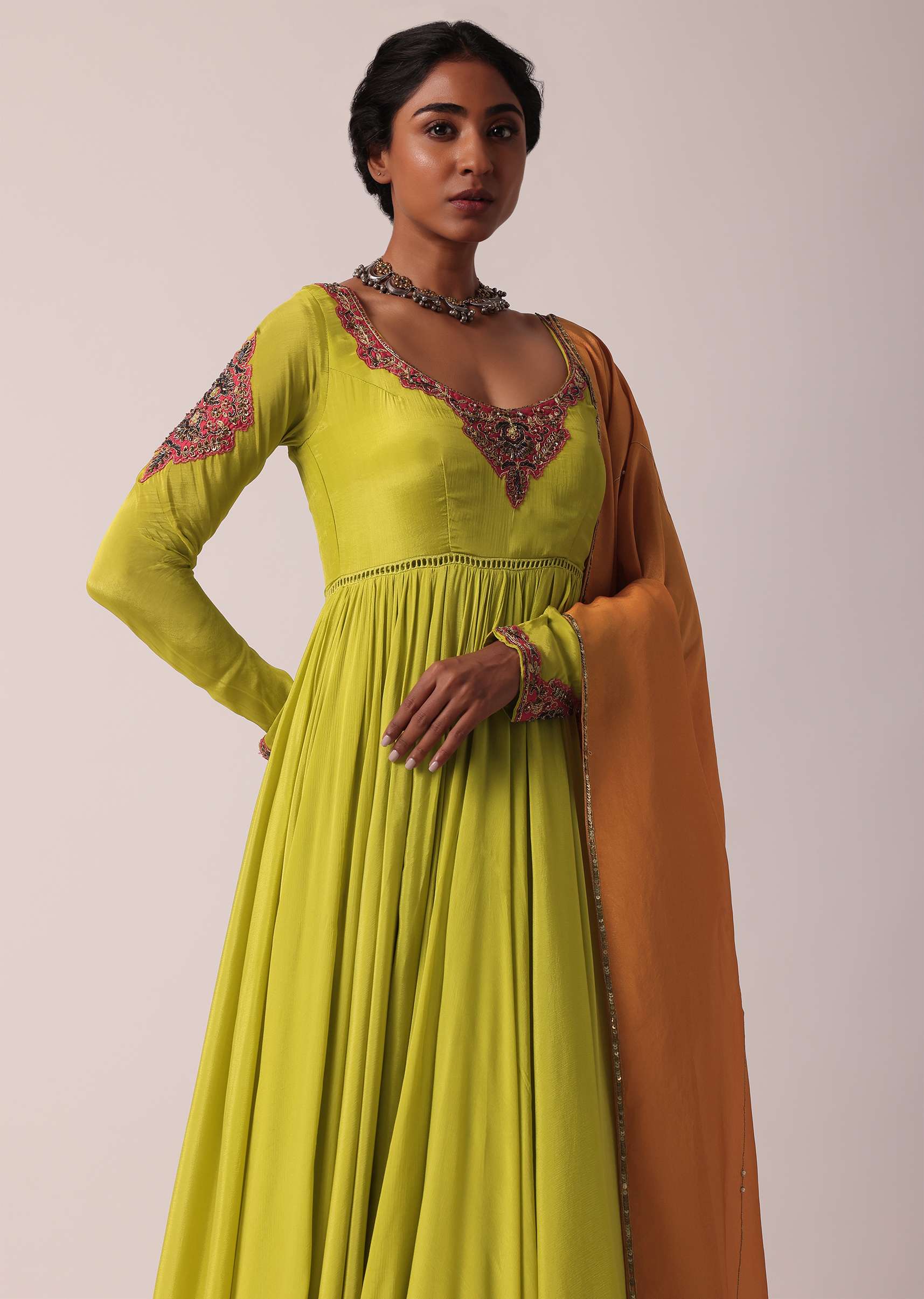 Green Embroidered Anarkali With Dupatta - Image 4