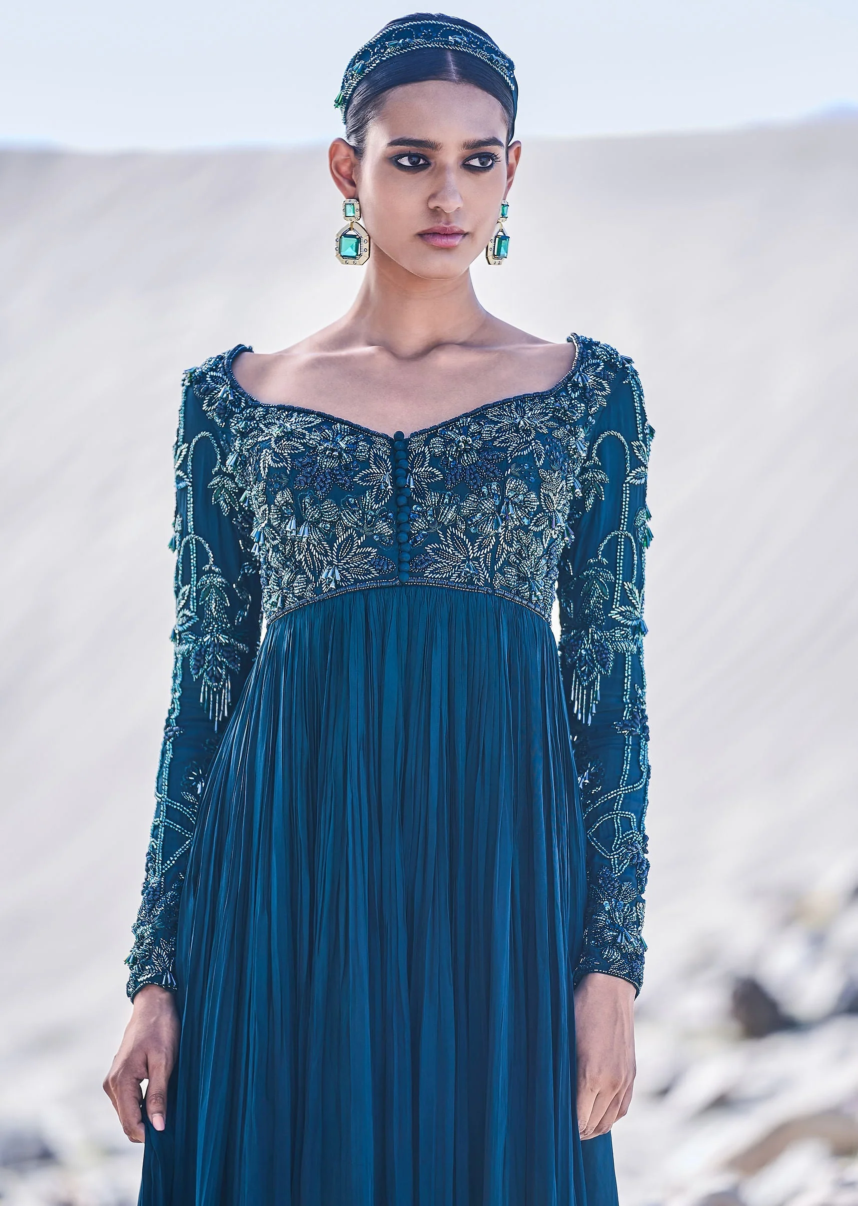 Green Embroidered Crepe Gown With Choker Dupatta - Image 2