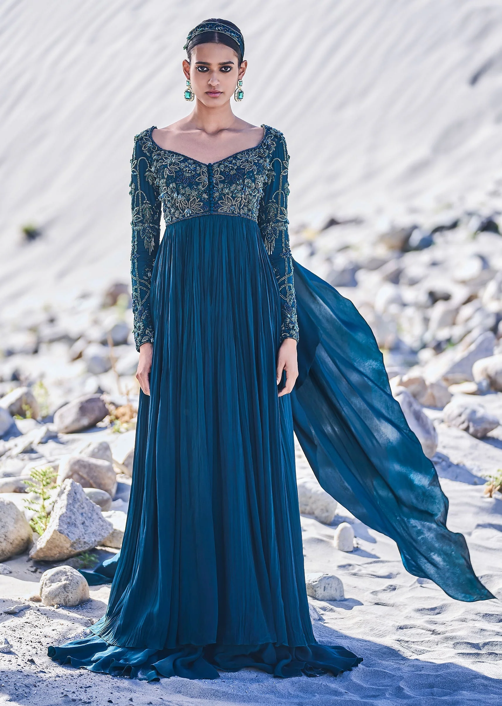 Green Embroidered Crepe Gown With Choker Dupatta - Image 3
