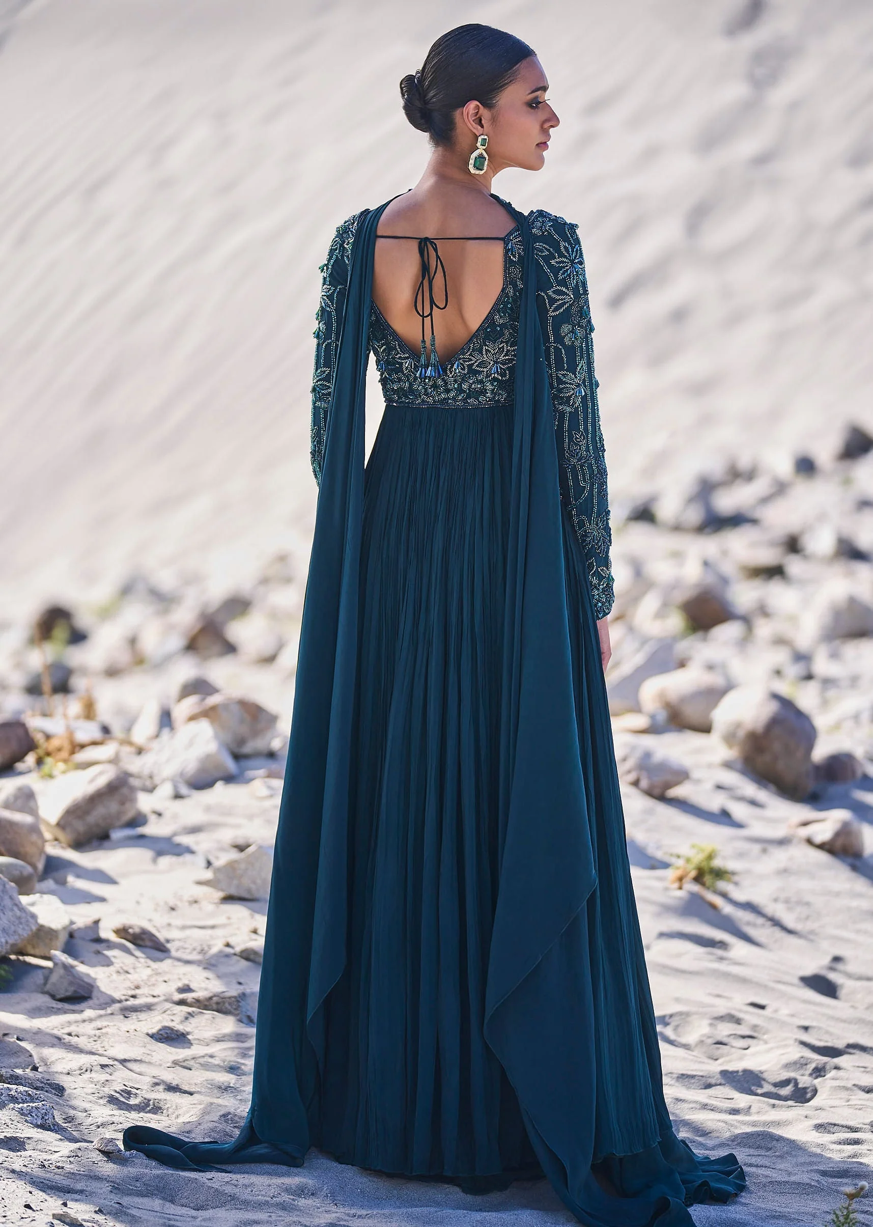 Green Embroidered Crepe Gown With Choker Dupatta - Image 5