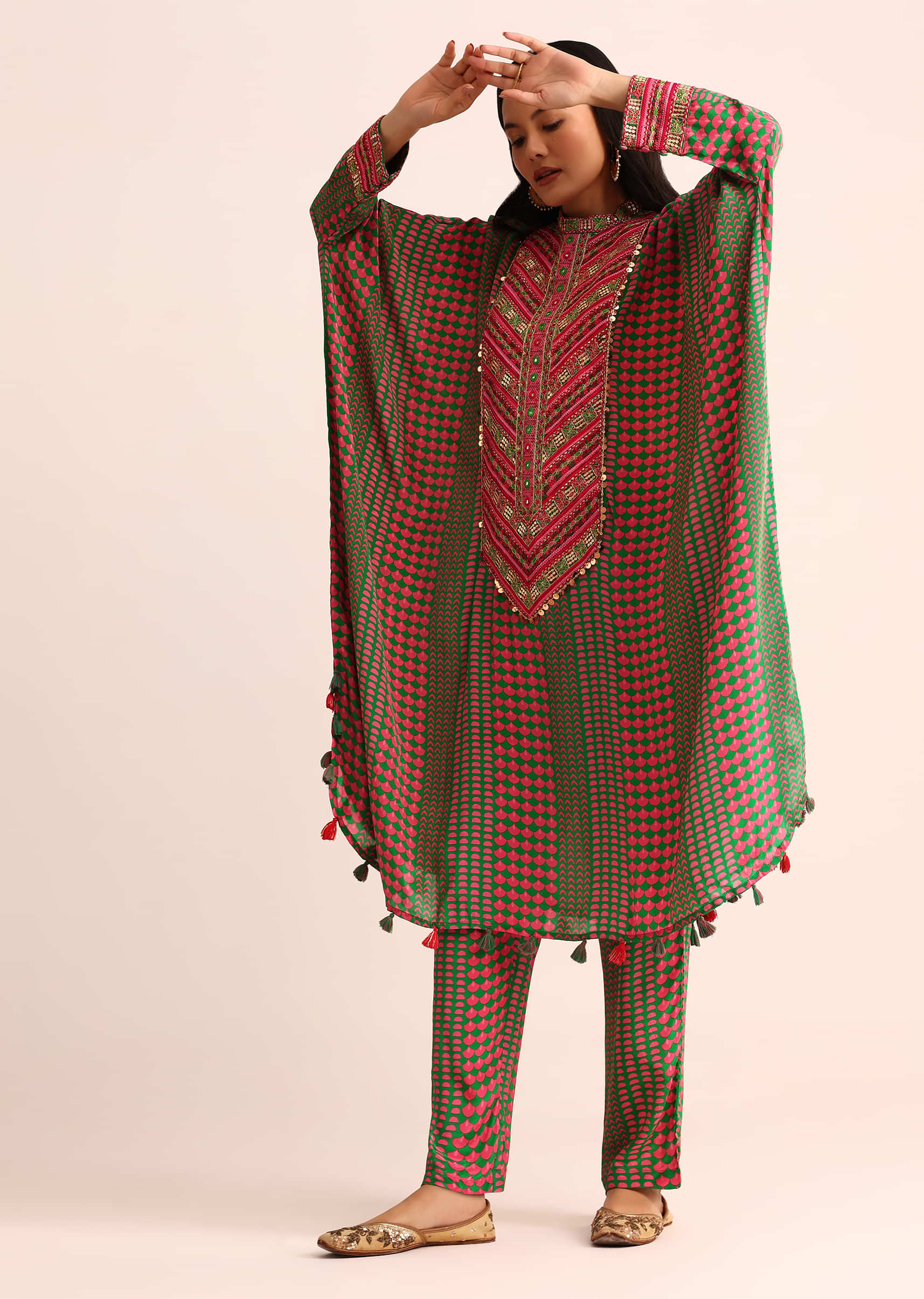 Green Embroidered Crepe Kaftan Kurti And Pant - Image 3