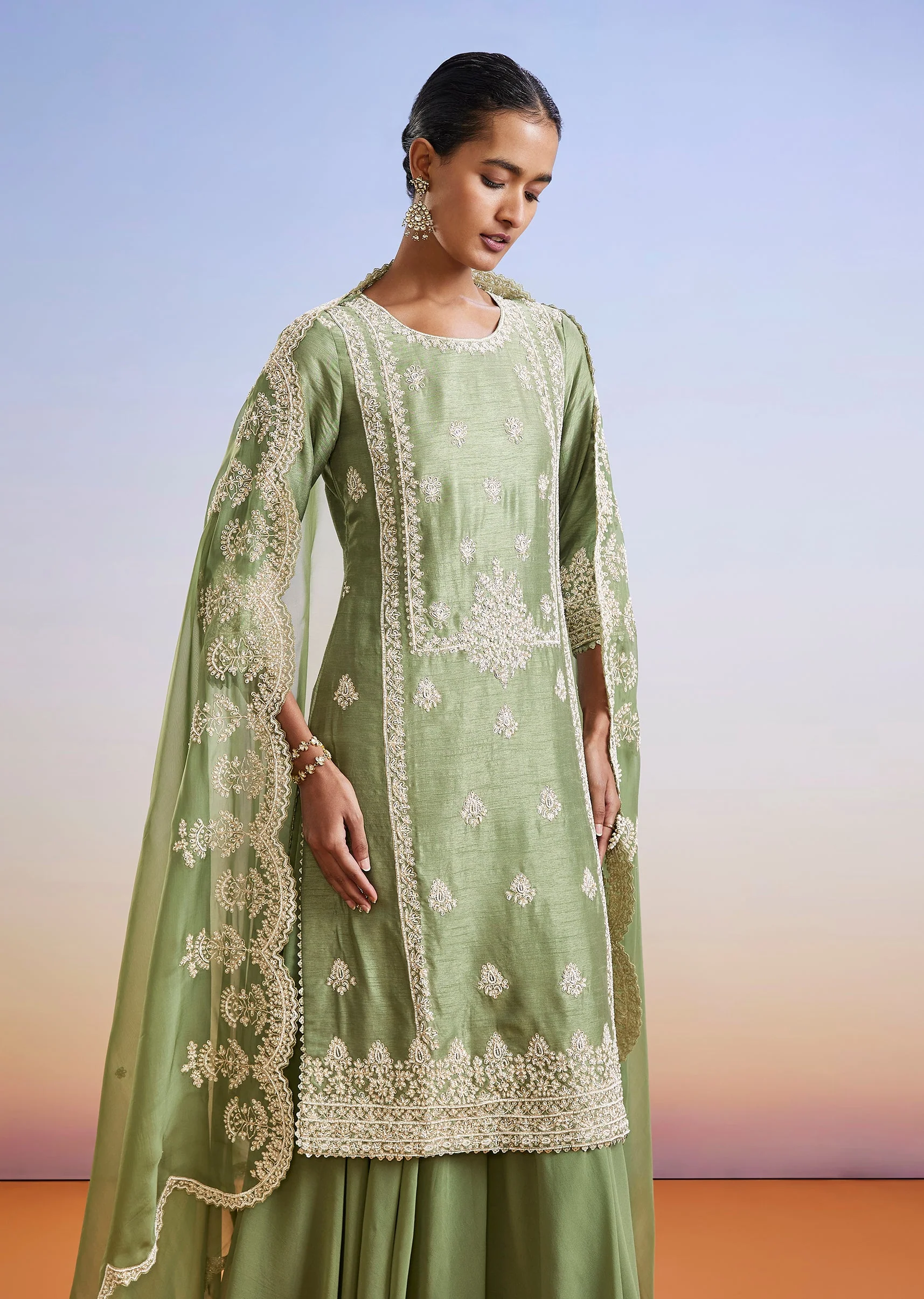 Green Embroidered Dola Silk Palazzo Suit With Dupatta - Image 4