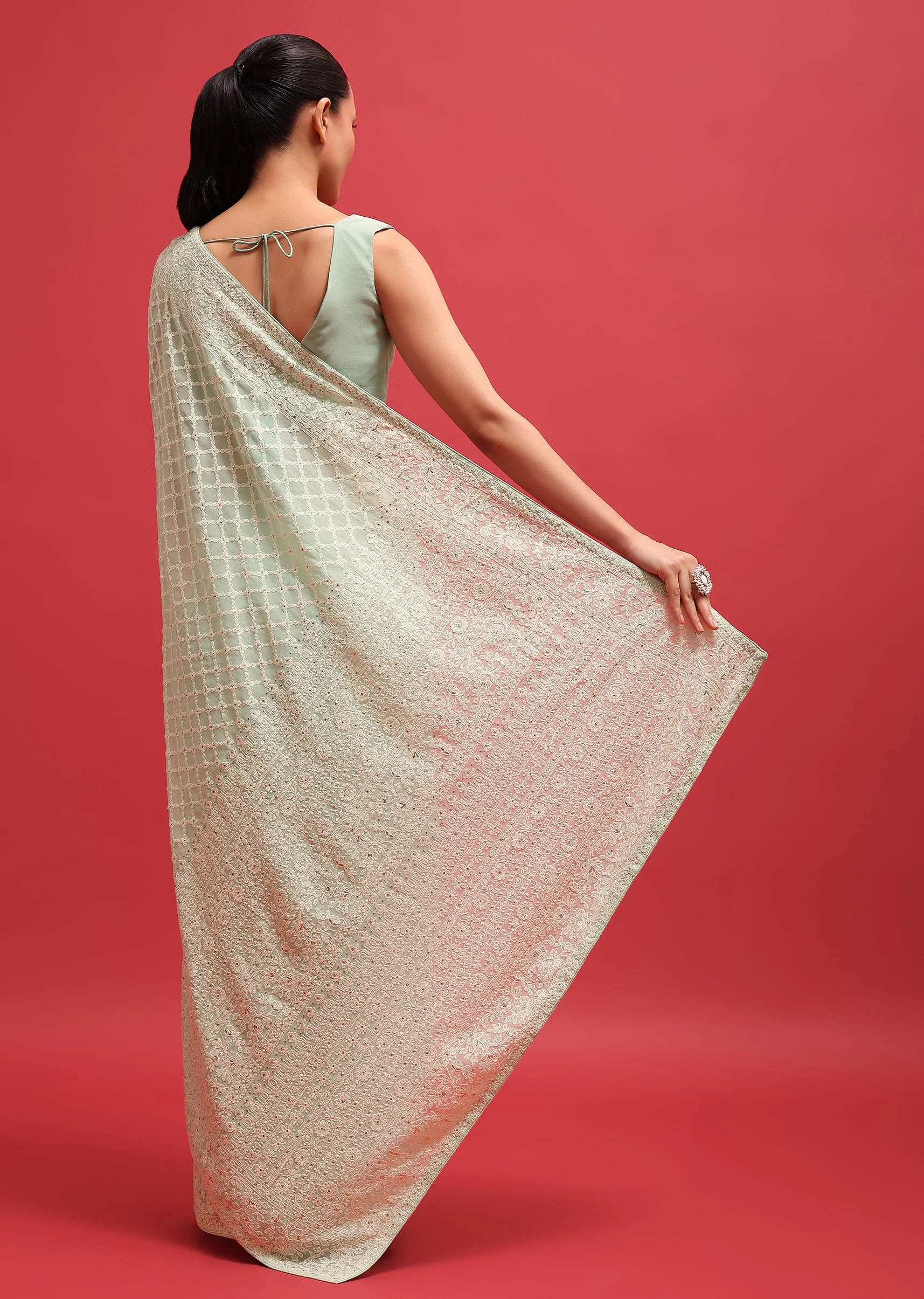 Green Embroidered Georgette Chikankari Saree With Unstitched Blouse - Image 4