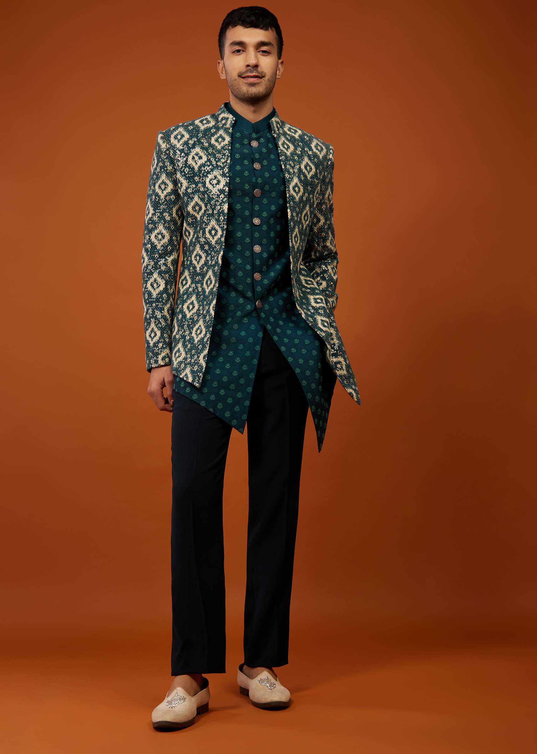 Bottle Green Embroidered Indo-Western Sherwani Set In Georgette - Image 2
