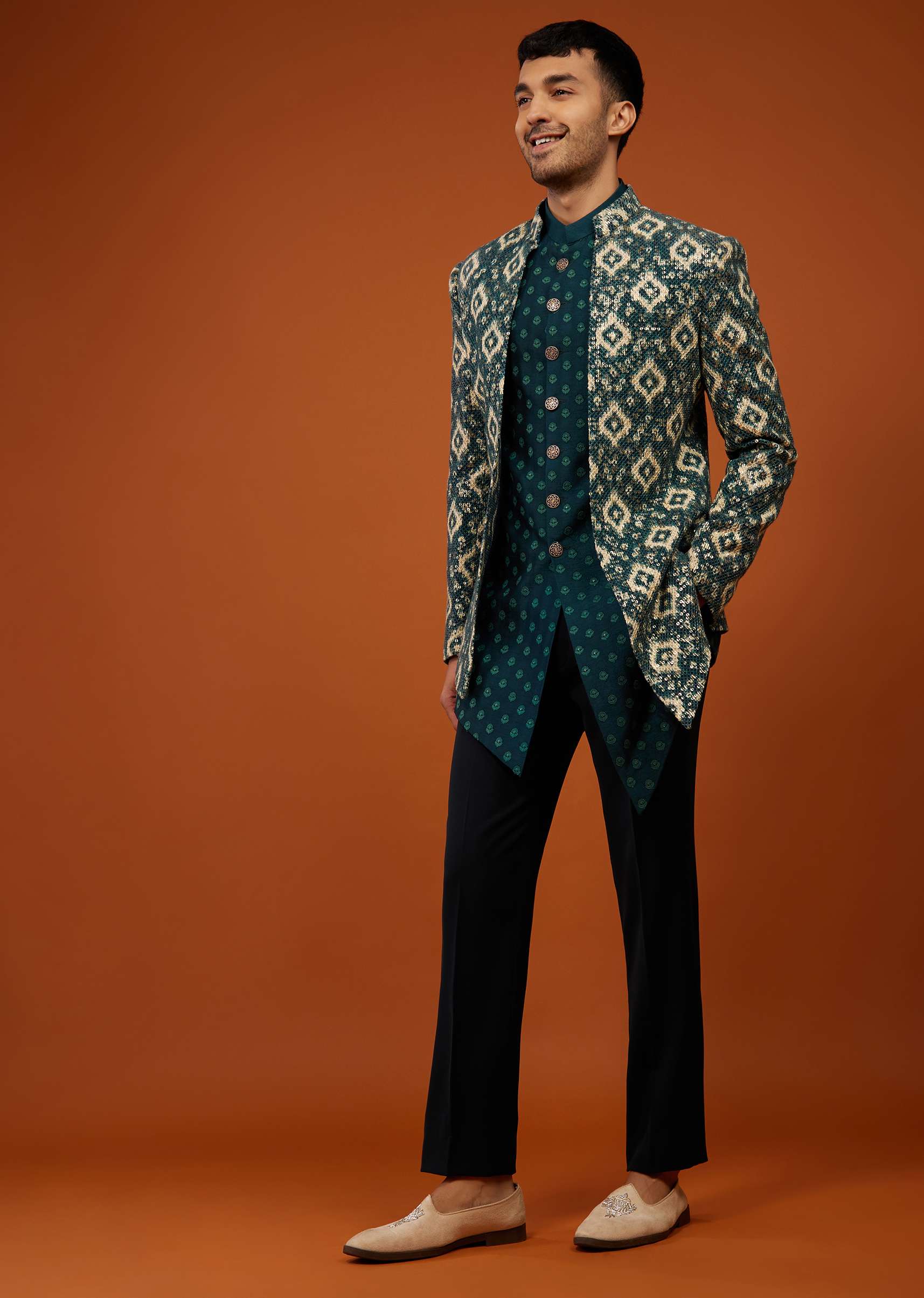 Bottle Green Embroidered Indo-Western Sherwani Set In Georgette - Image 3