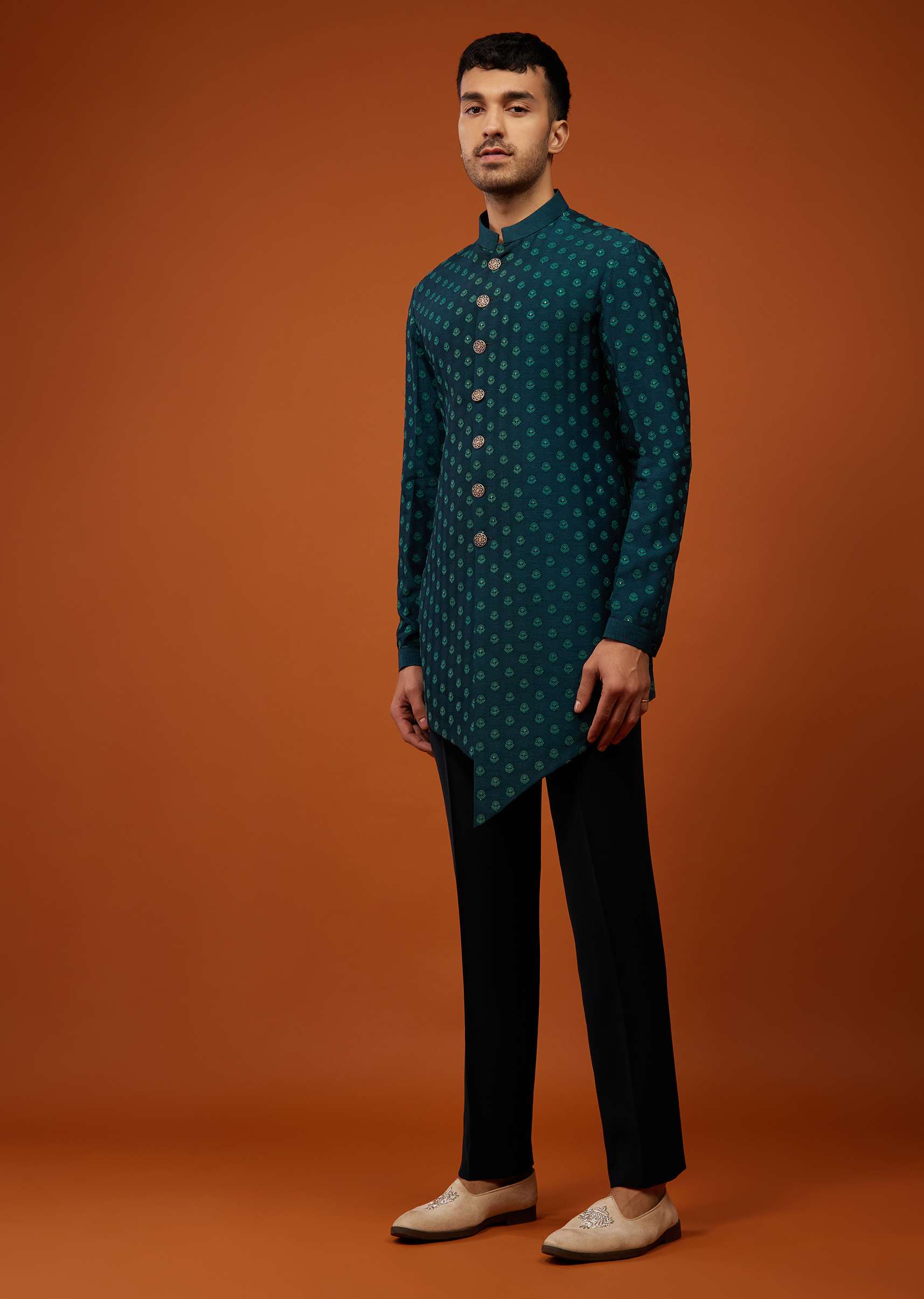 Bottle Green Embroidered Indo-Western Sherwani Set In Georgette - Image 4
