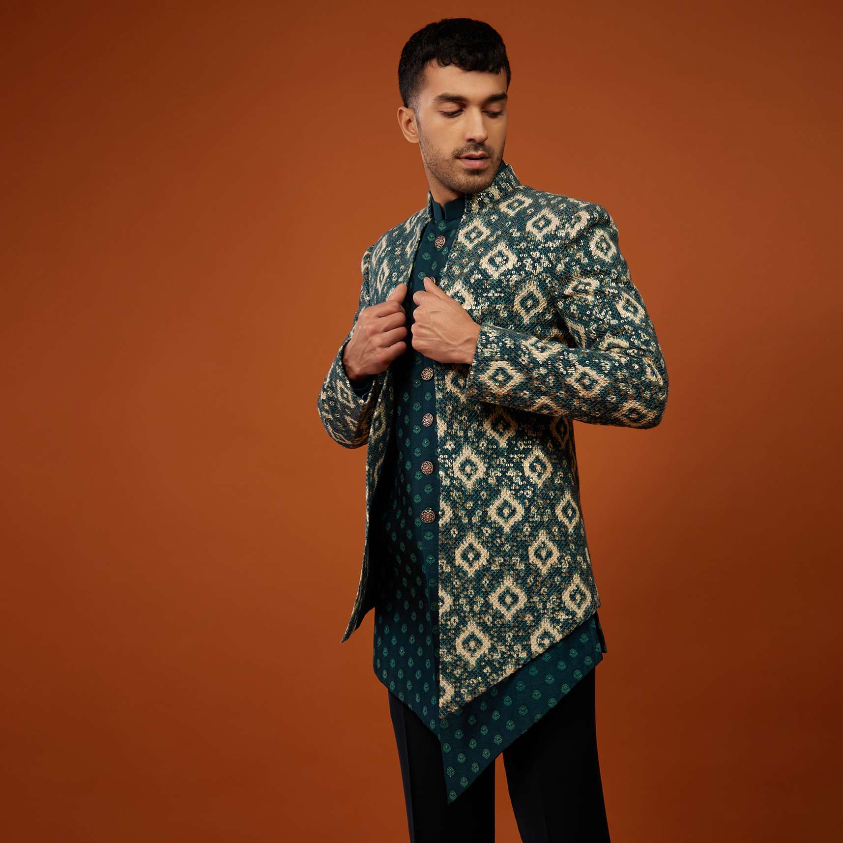 Bottle Green Embroidered Indo-Western Sherwani Set In Georgette - Image 5