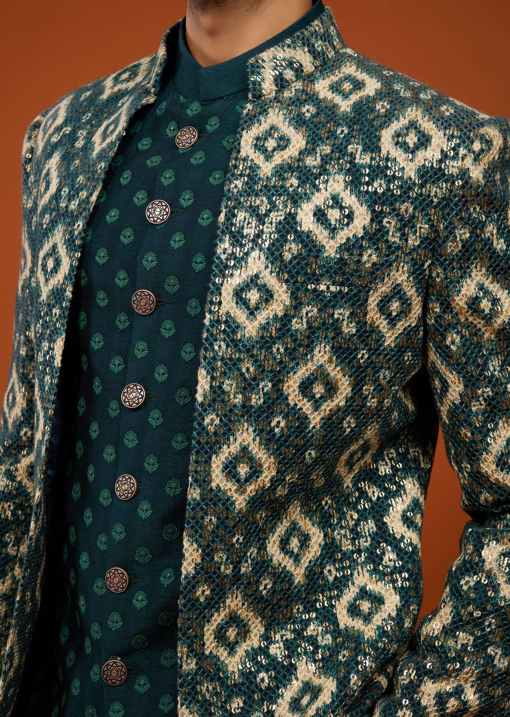 Bottle Green Embroidered Indo-Western Sherwani Set In Georgette - Image 6