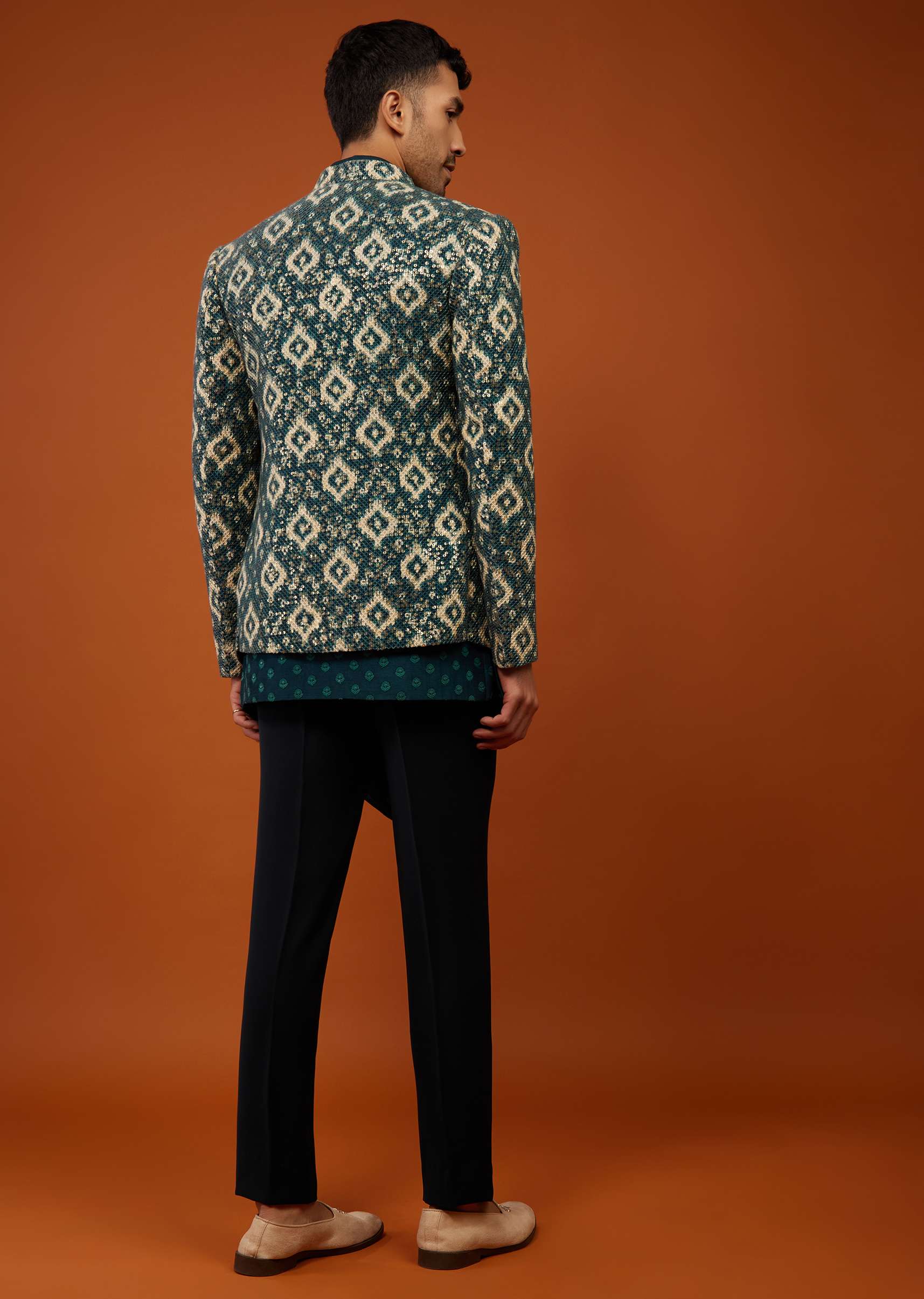Bottle Green Embroidered Indo-Western Sherwani Set In Georgette - Image 7