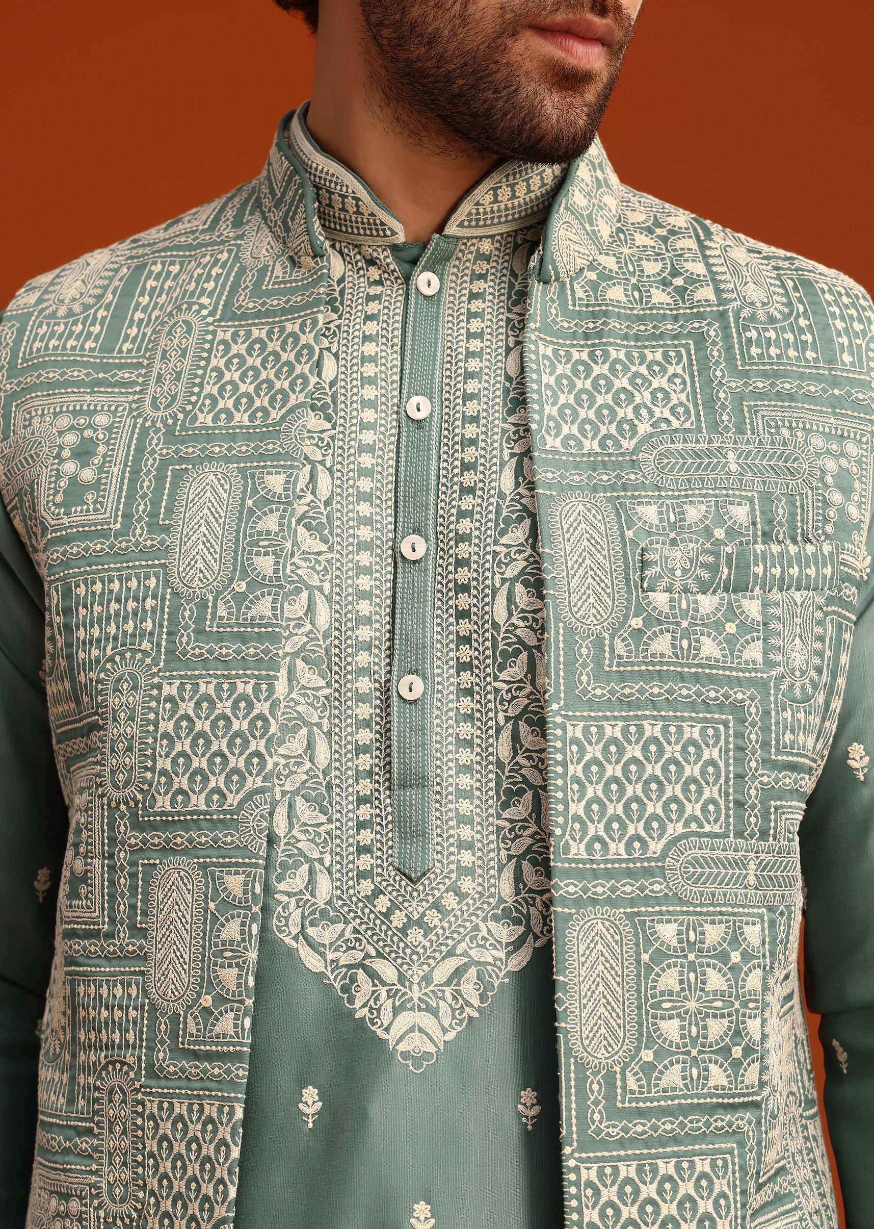 Green Embroidered Jacket Kurta Set In Linen Satin - Image 4