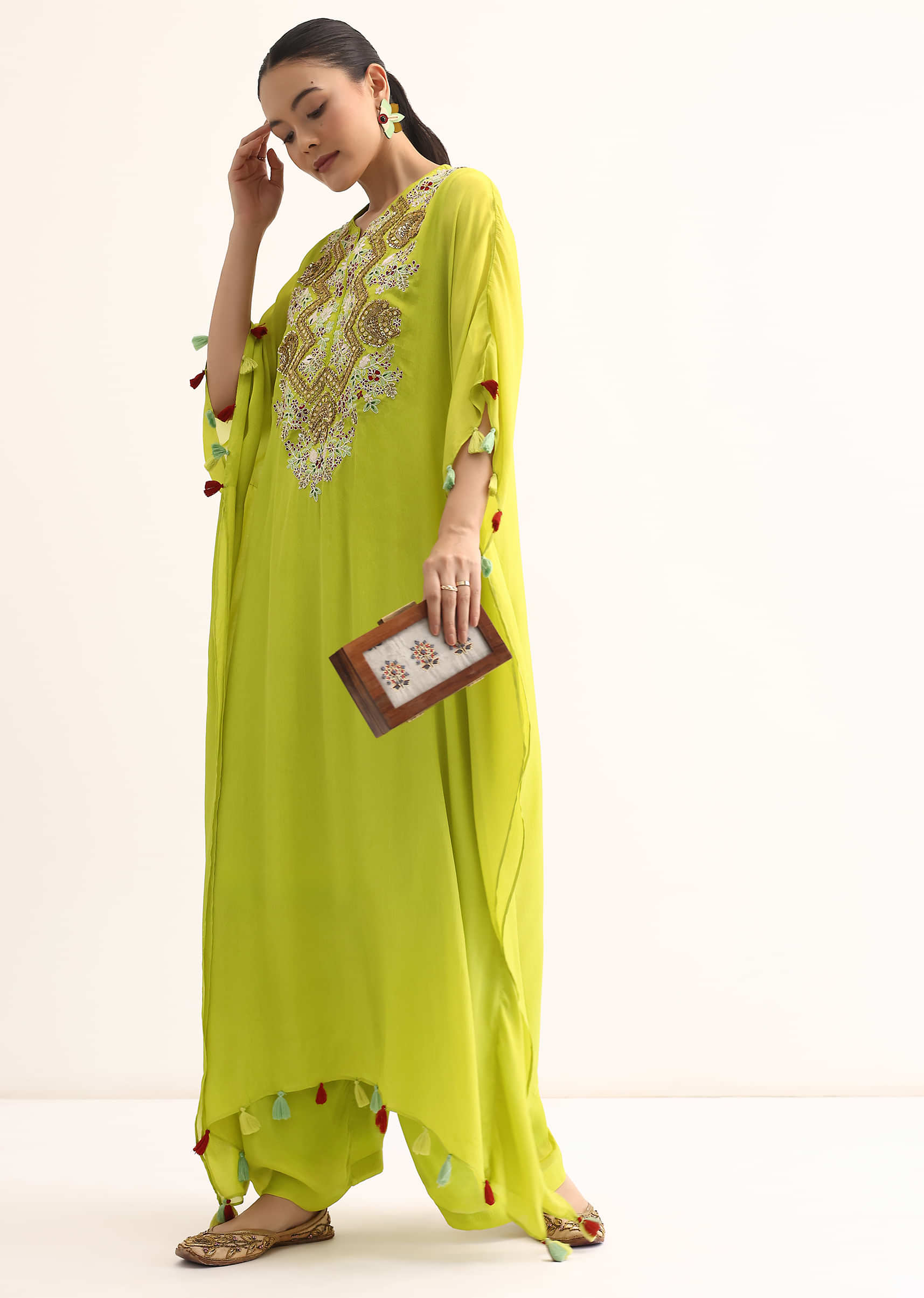 Green Embroidered Kaftan Kurta Set - Image 3