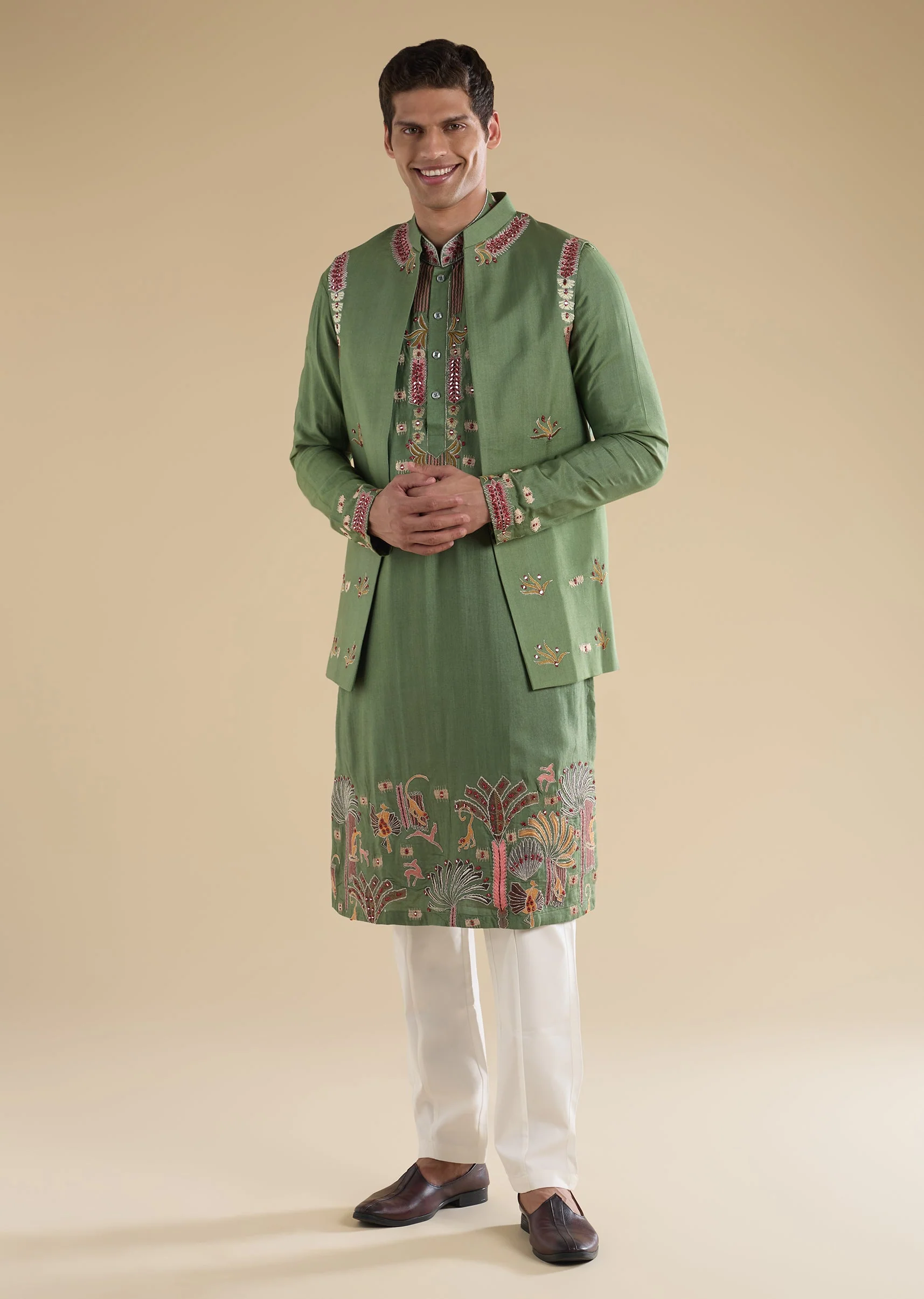 Green Embroidered Kurta Jacket Set