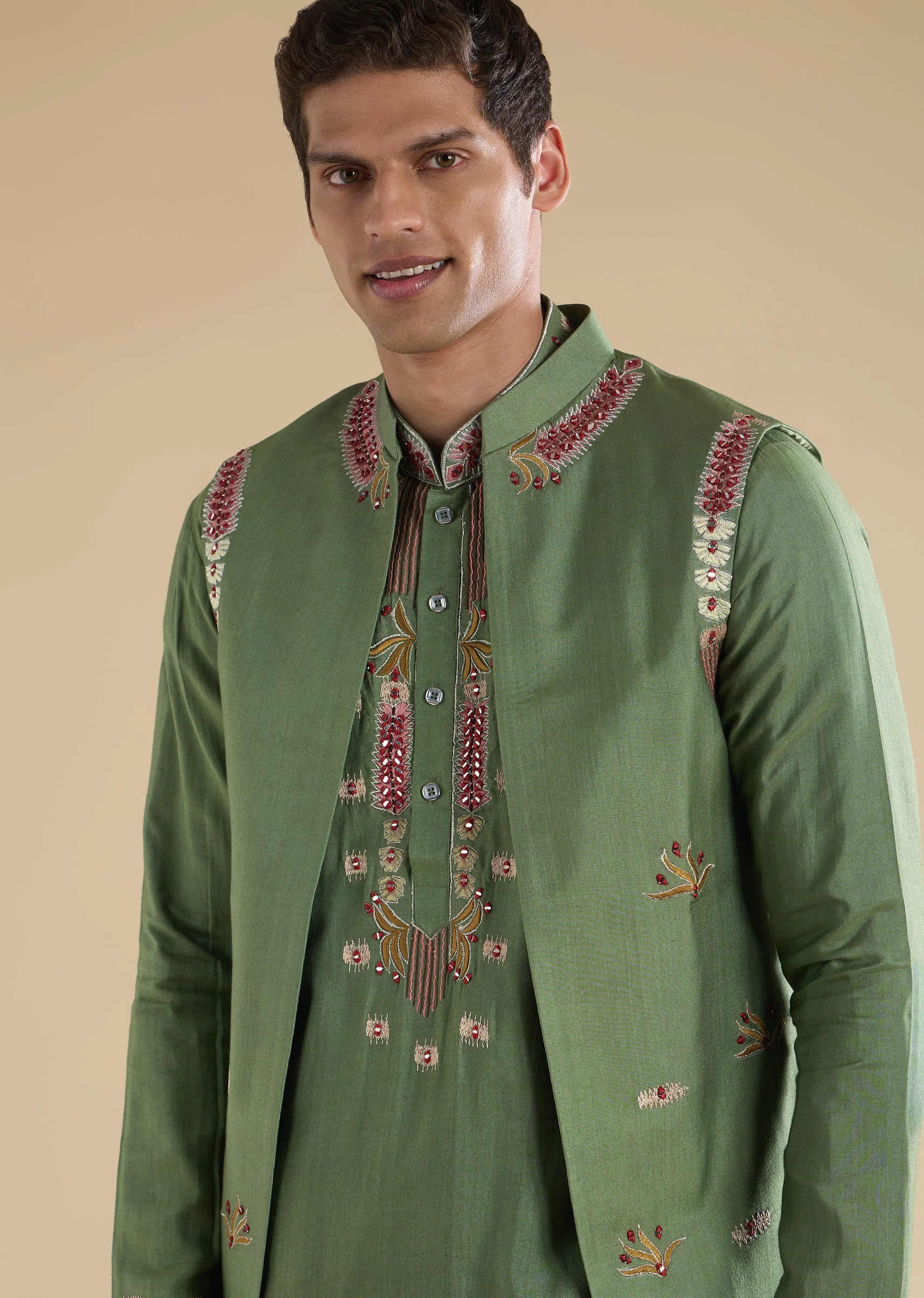 Green Embroidered Kurta Jacket Set - Image 2