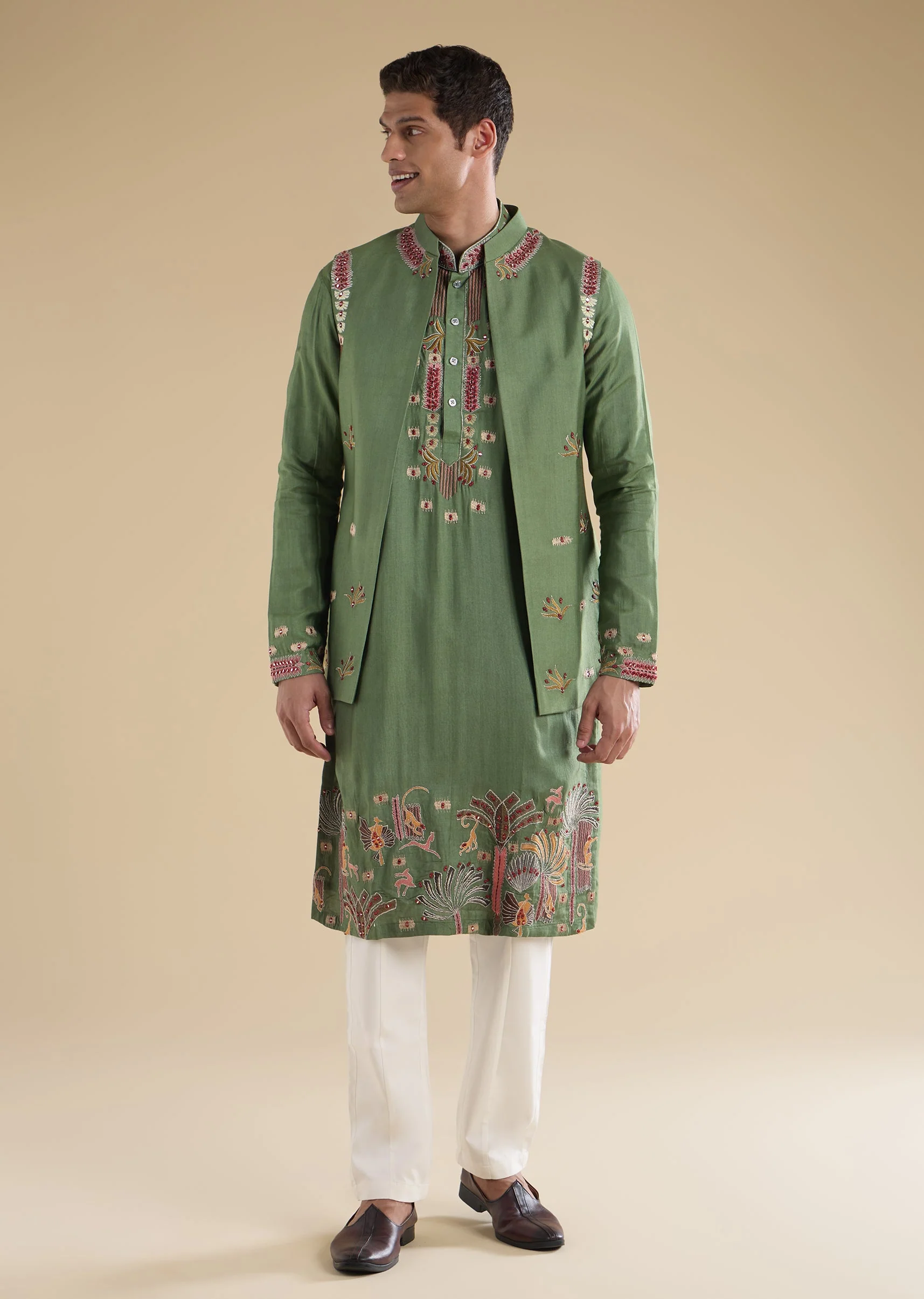 Green Embroidered Kurta Jacket Set - Image 3