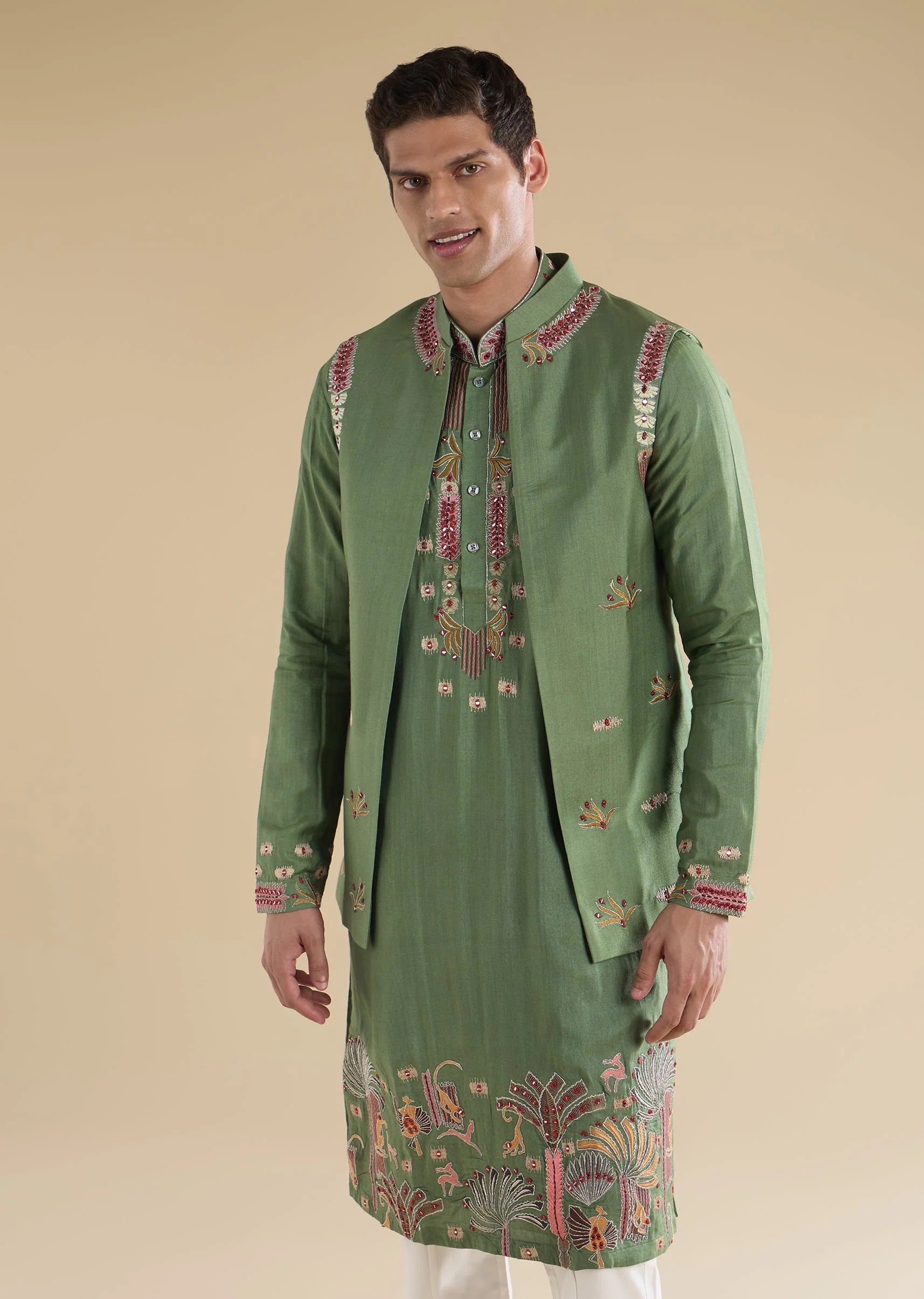 Green Embroidered Kurta Jacket Set - Image 4