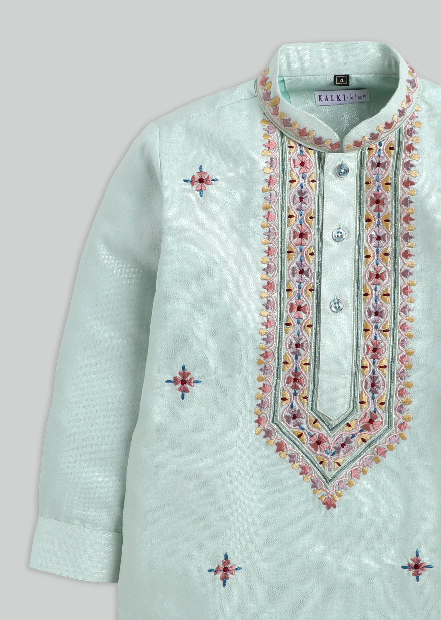 Green Embroidered Kurta Set For Boys - Image 5
