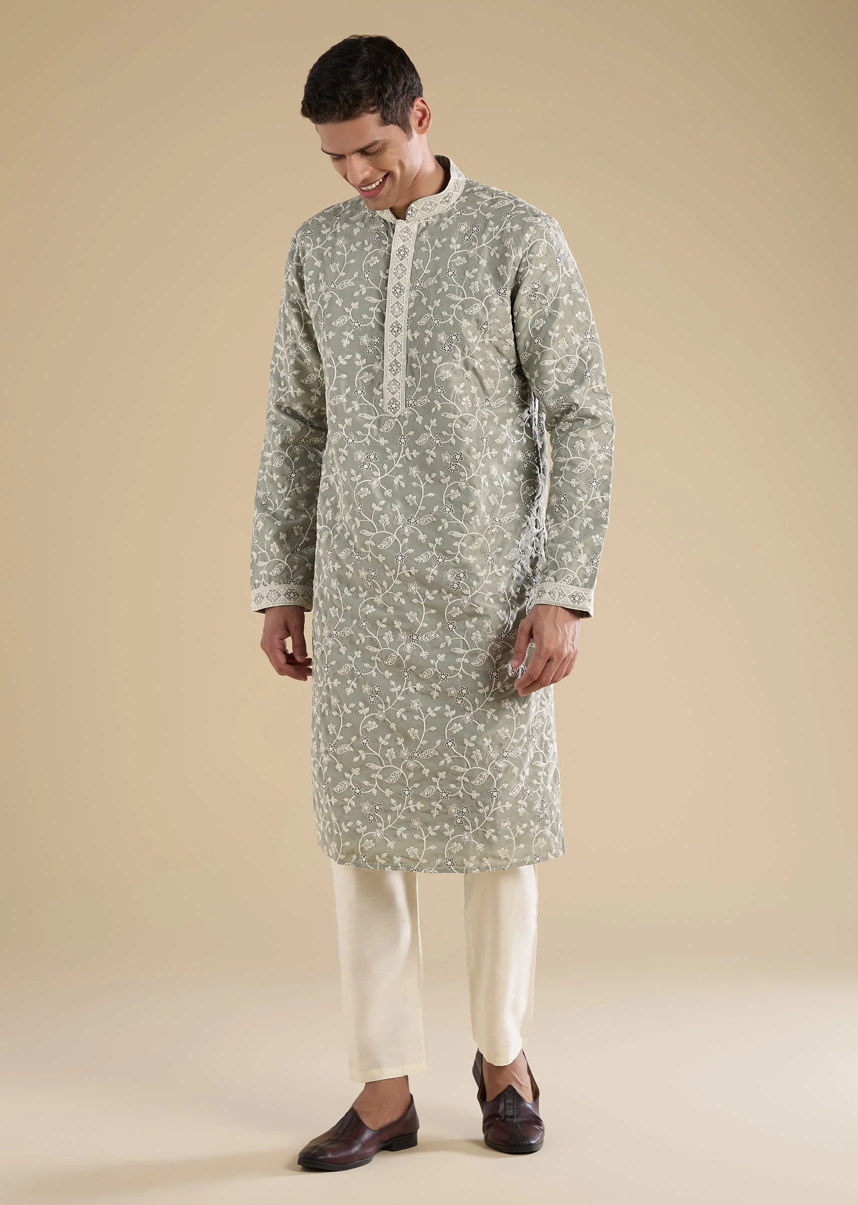 Green Embroidered Kurta Set For Men - Image 3
