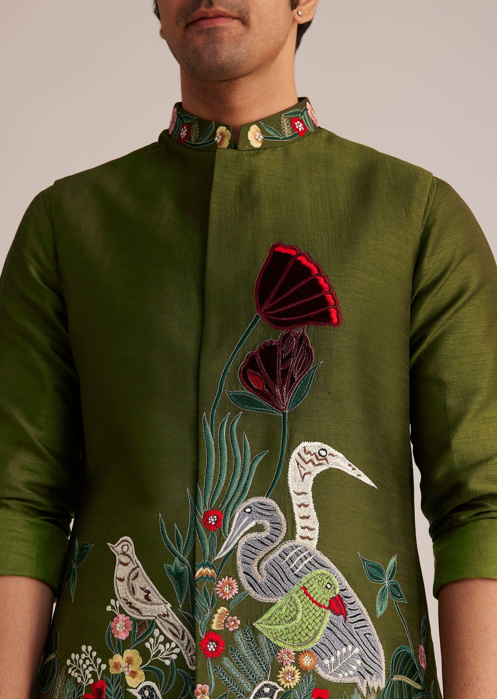 Green Embroidered Nehru Jacket With Bird Detailing - Image 2