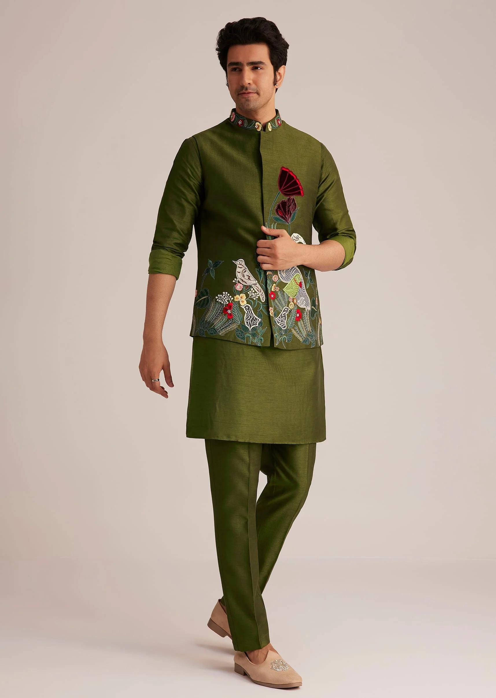 Green Embroidered Nehru Jacket With Bird Detailing - Image 3