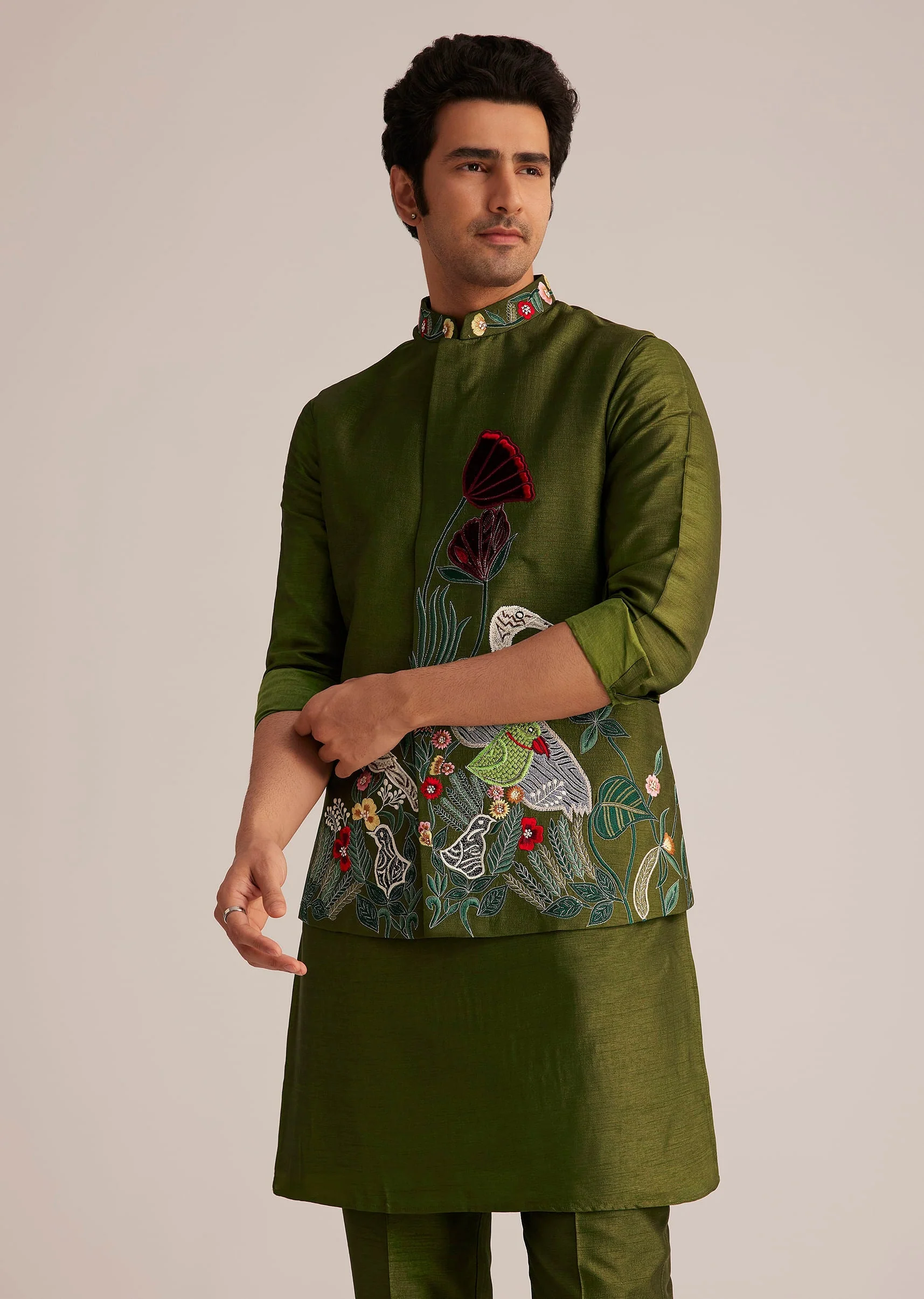 Green Embroidered Nehru Jacket With Bird Detailing - Image 4