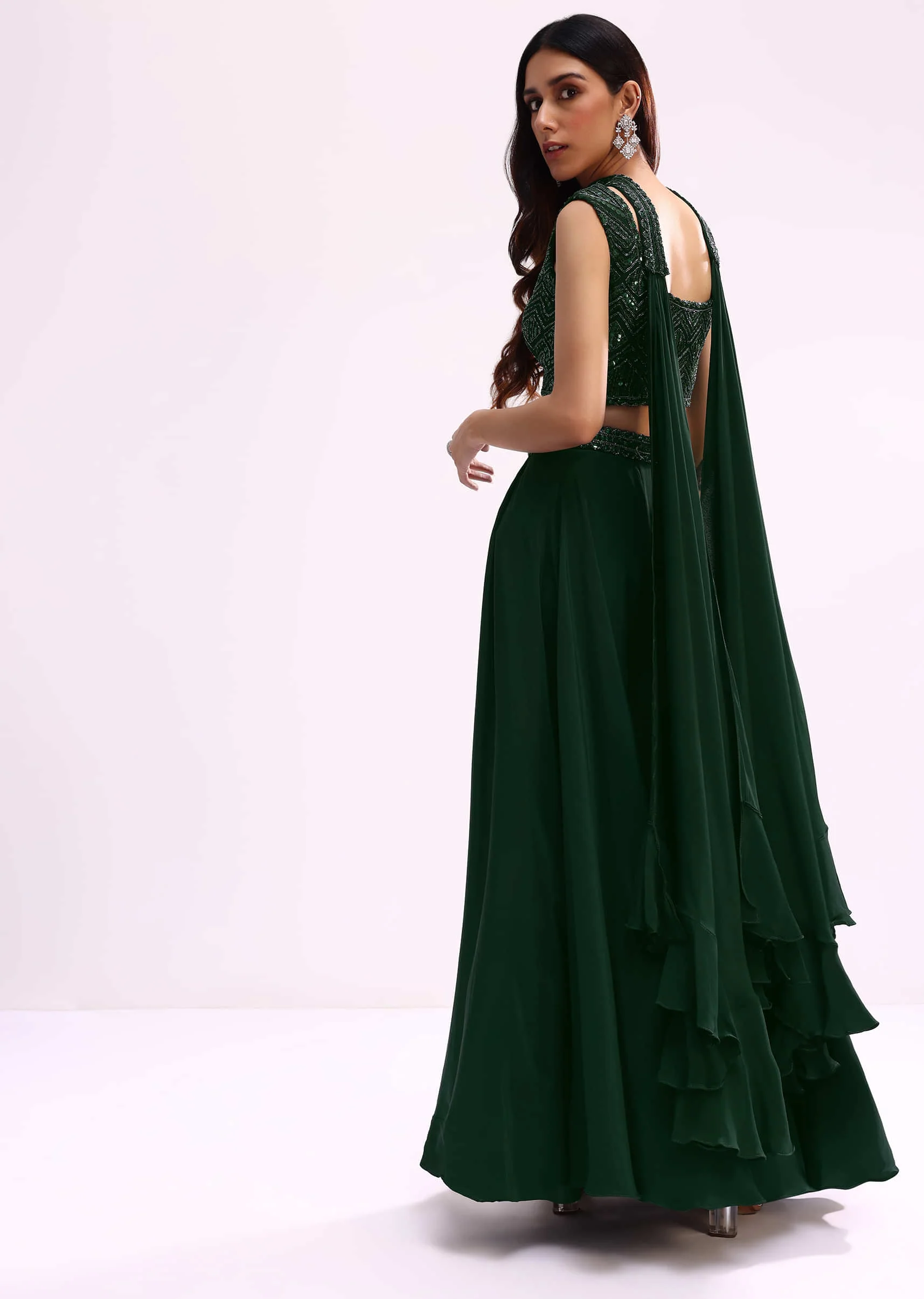 Green Embroidered Net Crop Top And Palazzo Set - Image 5