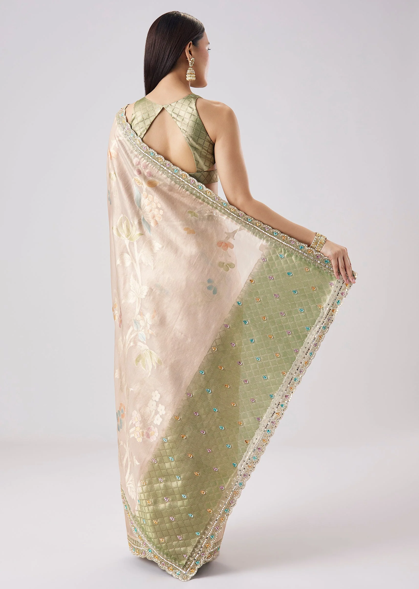 Green Embroidered Saree With Unstitched Blouse - Image 4