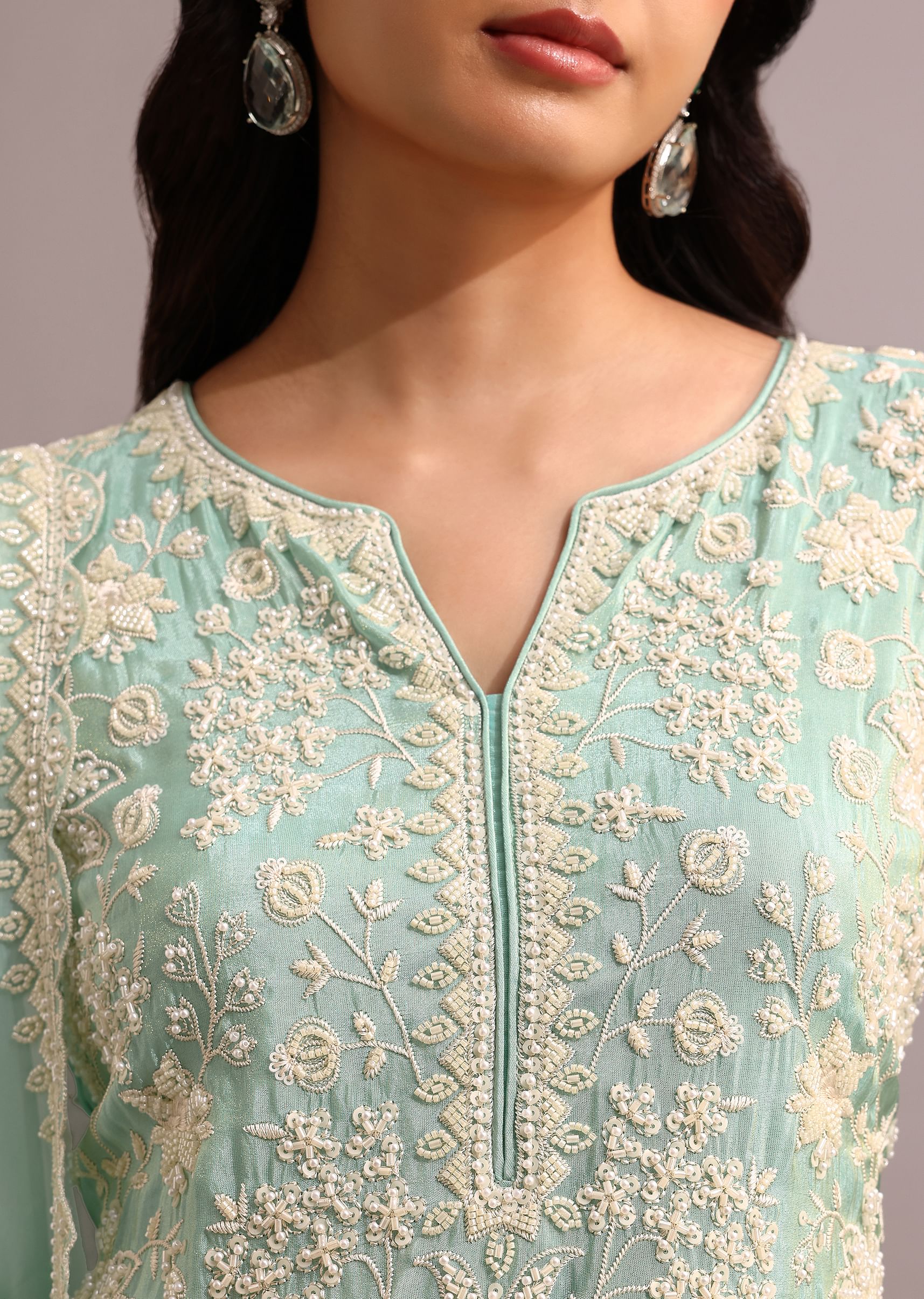 Green Embroidered Sharara Set With Butti Work On Organza Dupatta - Image 2