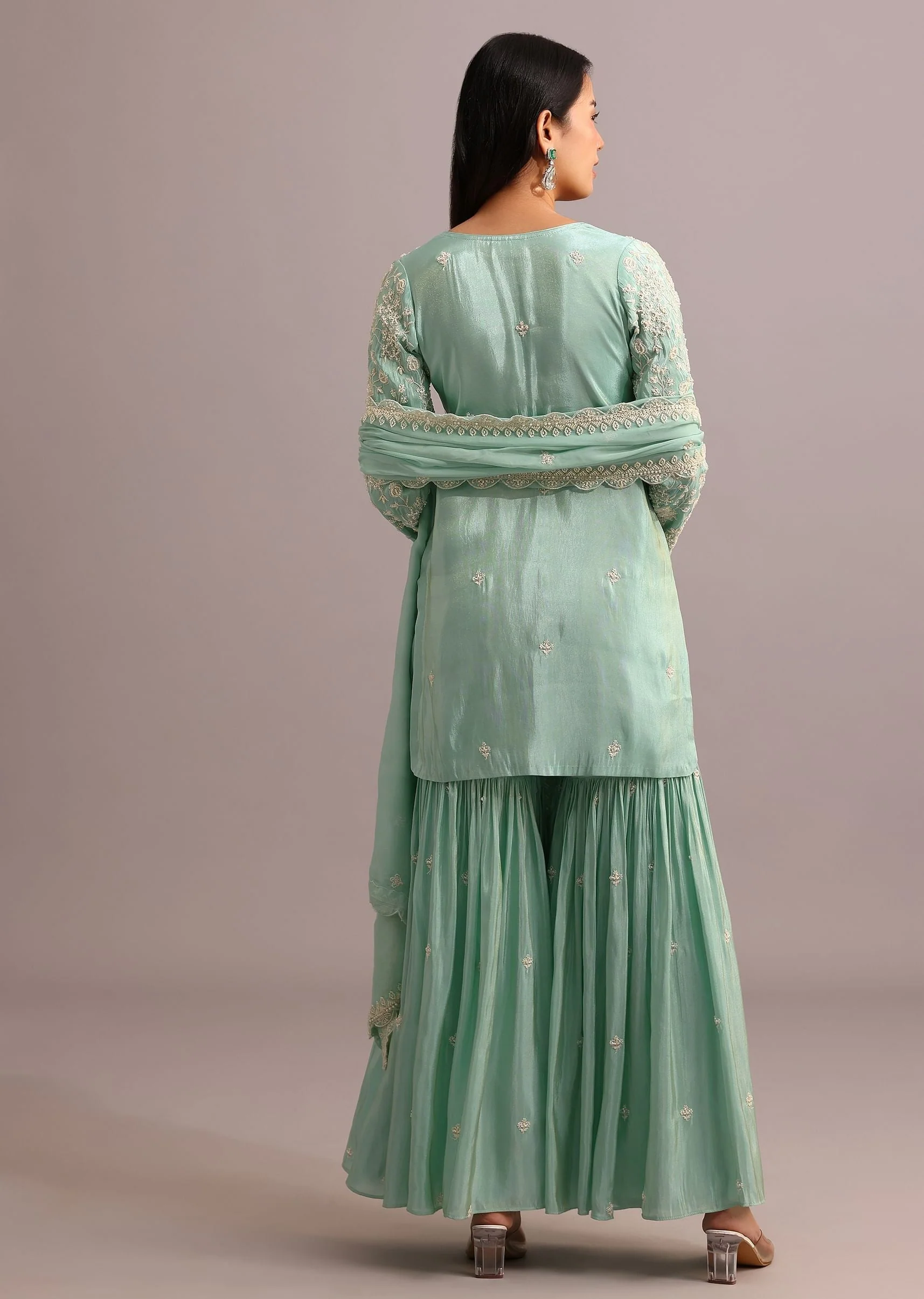 Green Embroidered Sharara Set With Butti Work On Organza Dupatta - Image 5