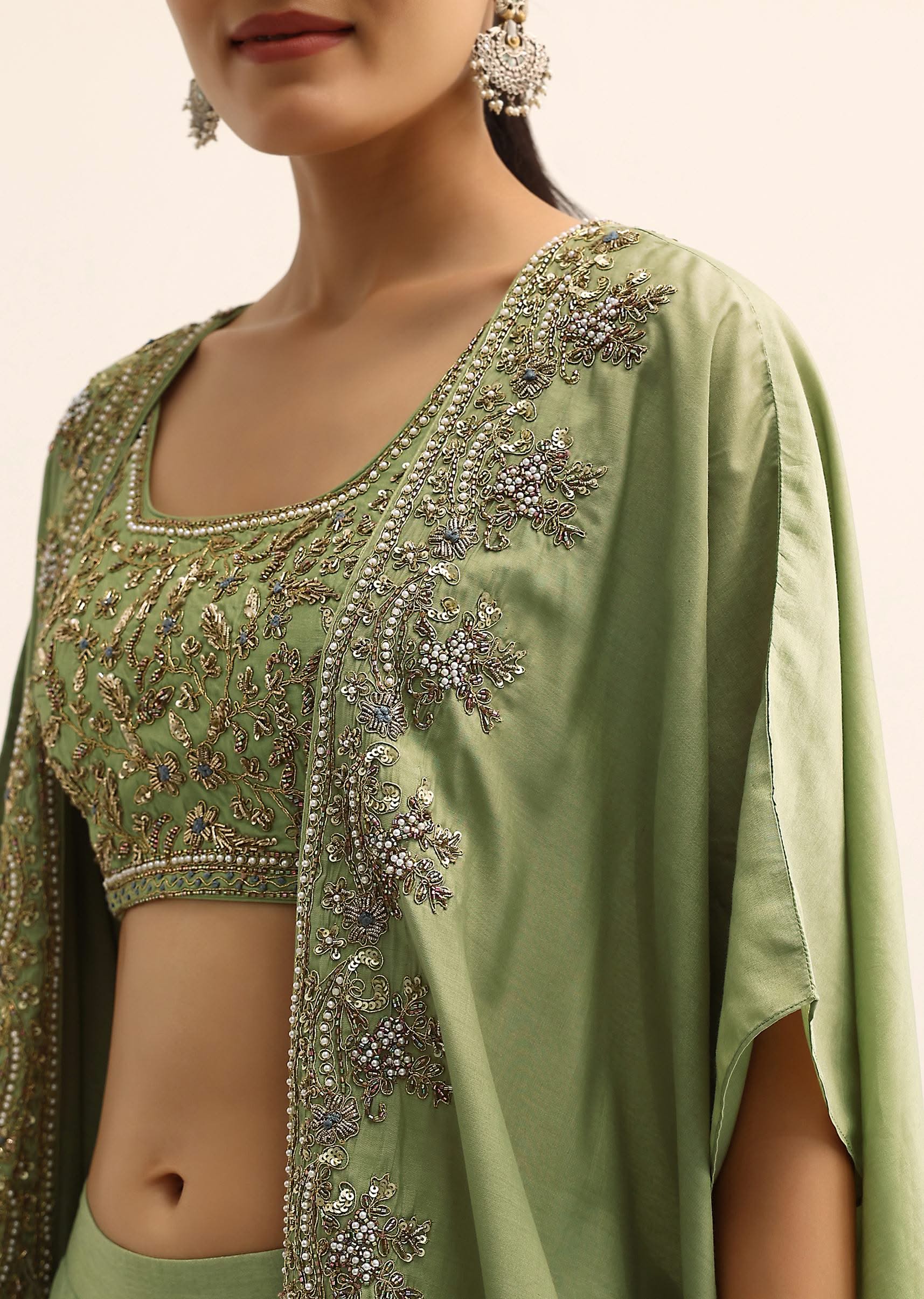 Green Embroidered Silk Croptop With Jacket And Dhoti Set - Image 3