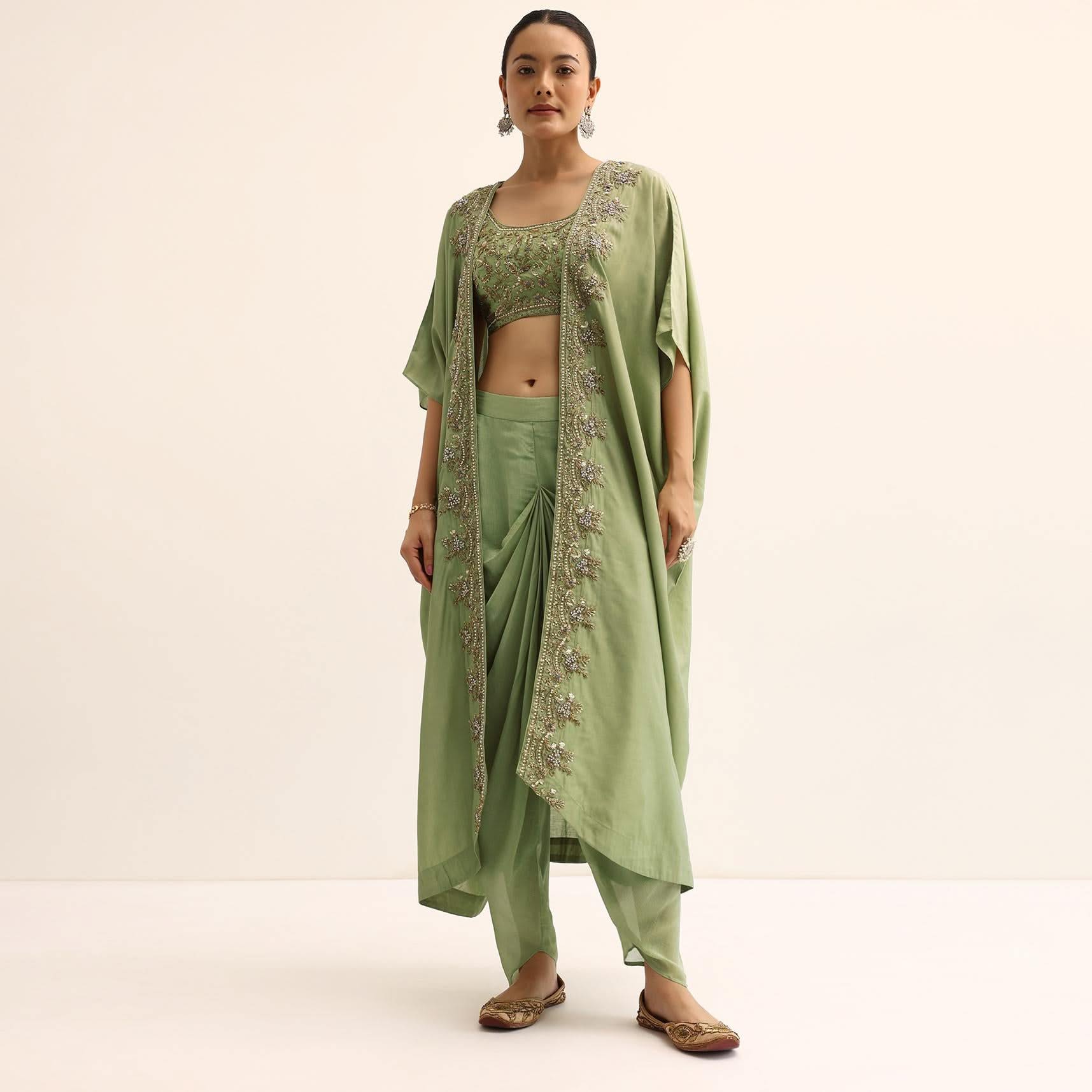 Green Embroidered Silk Croptop With Jacket And Dhoti Set - Image 7