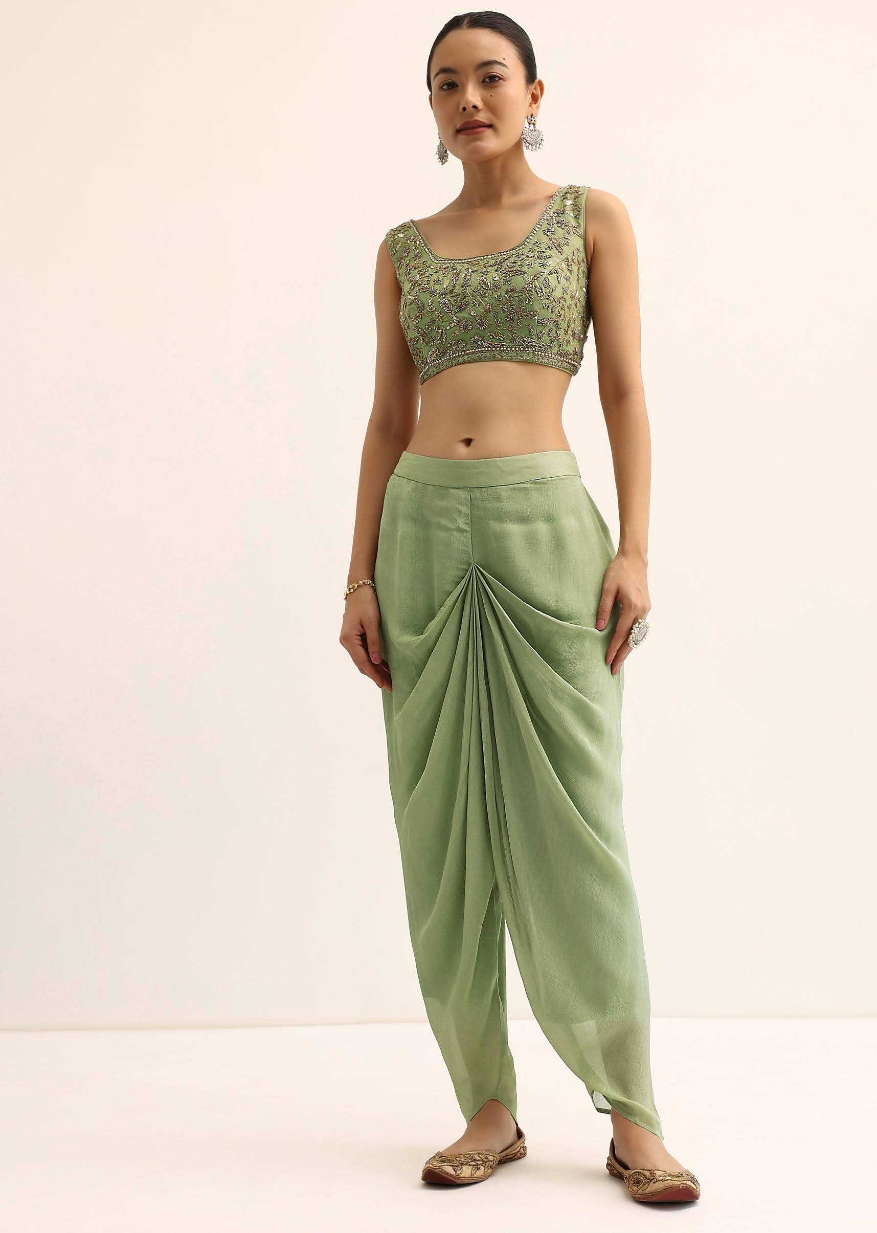 Green Embroidered Silk Croptop With Jacket And Dhoti Set - Image 9