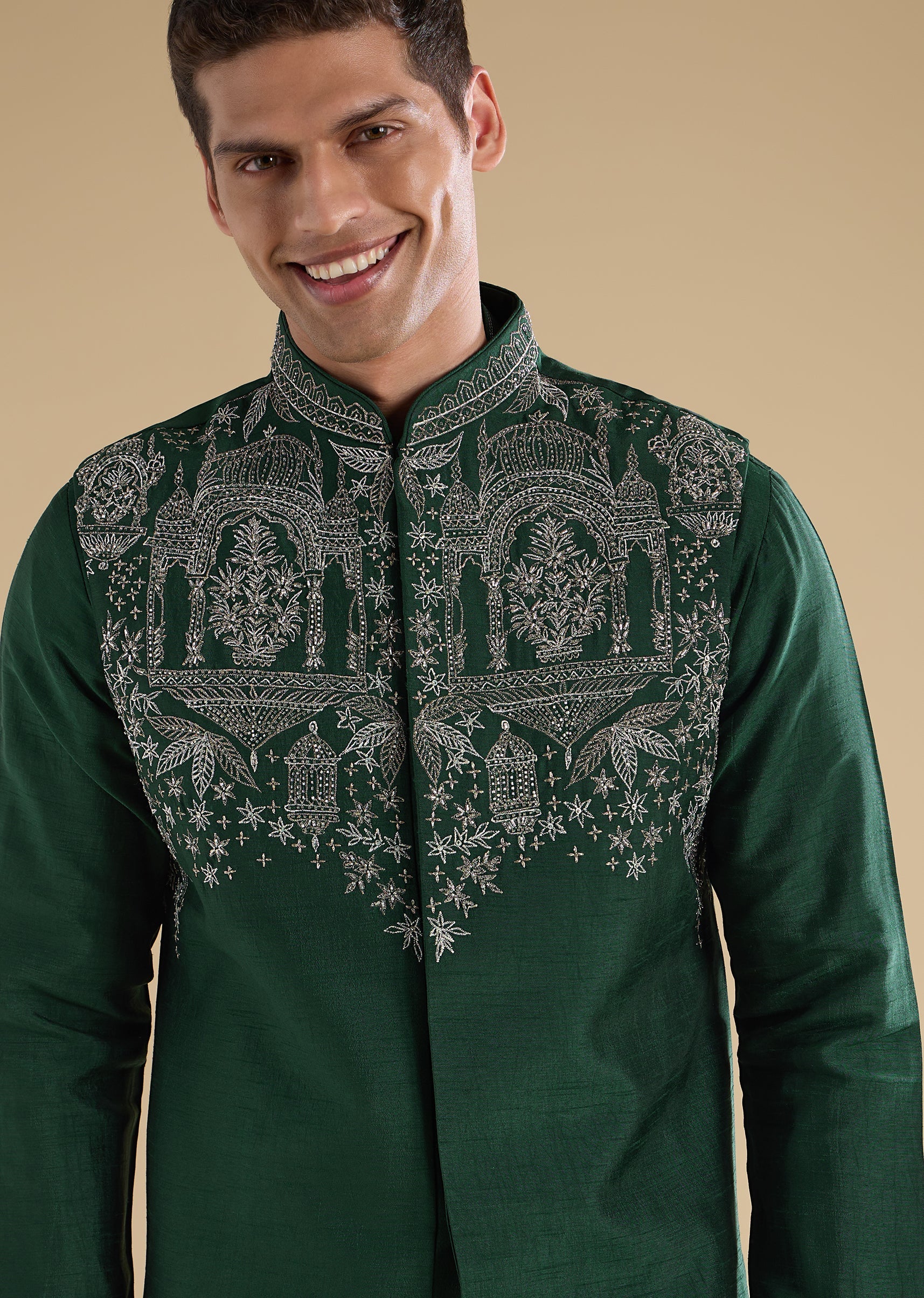 Green Embroidered Silk Kurta Jacket Set - Image 2