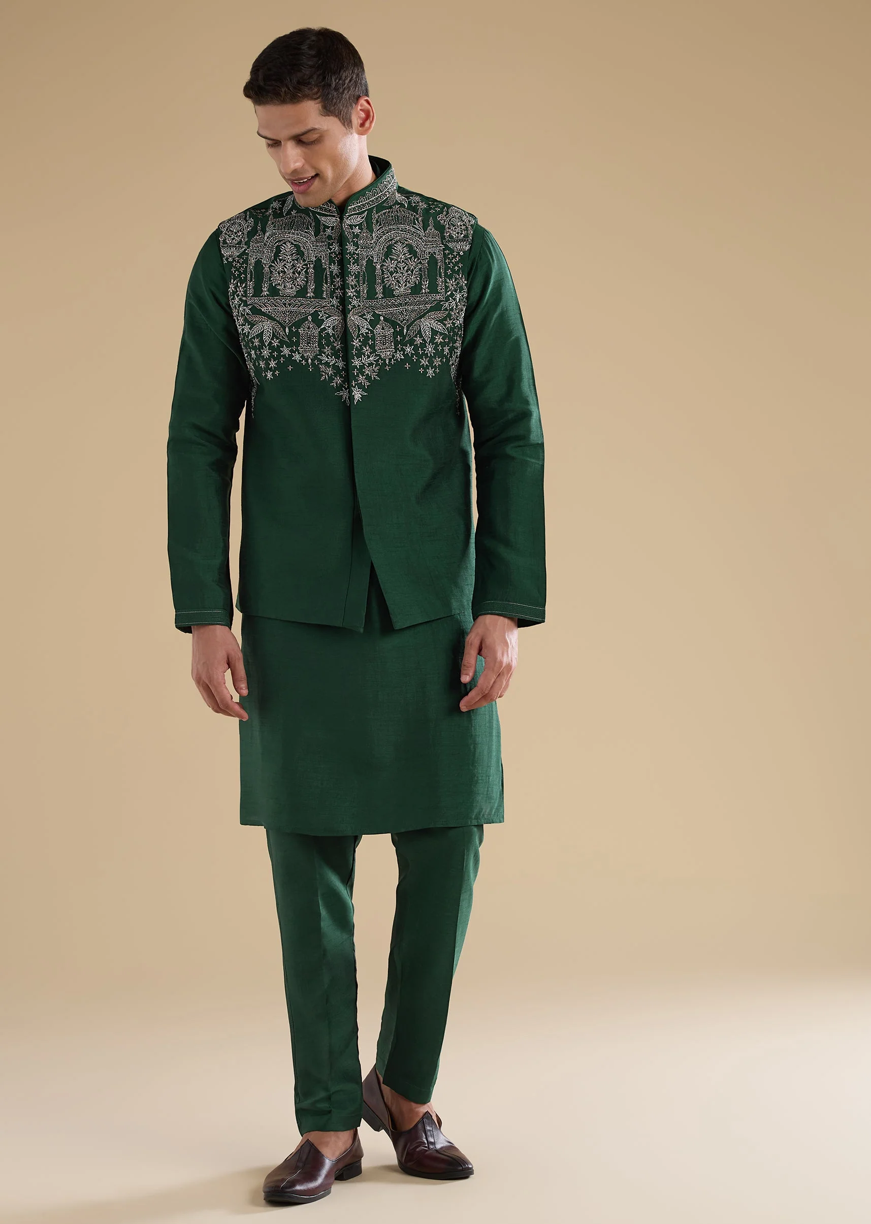 Green Embroidered Silk Kurta Jacket Set - Image 3