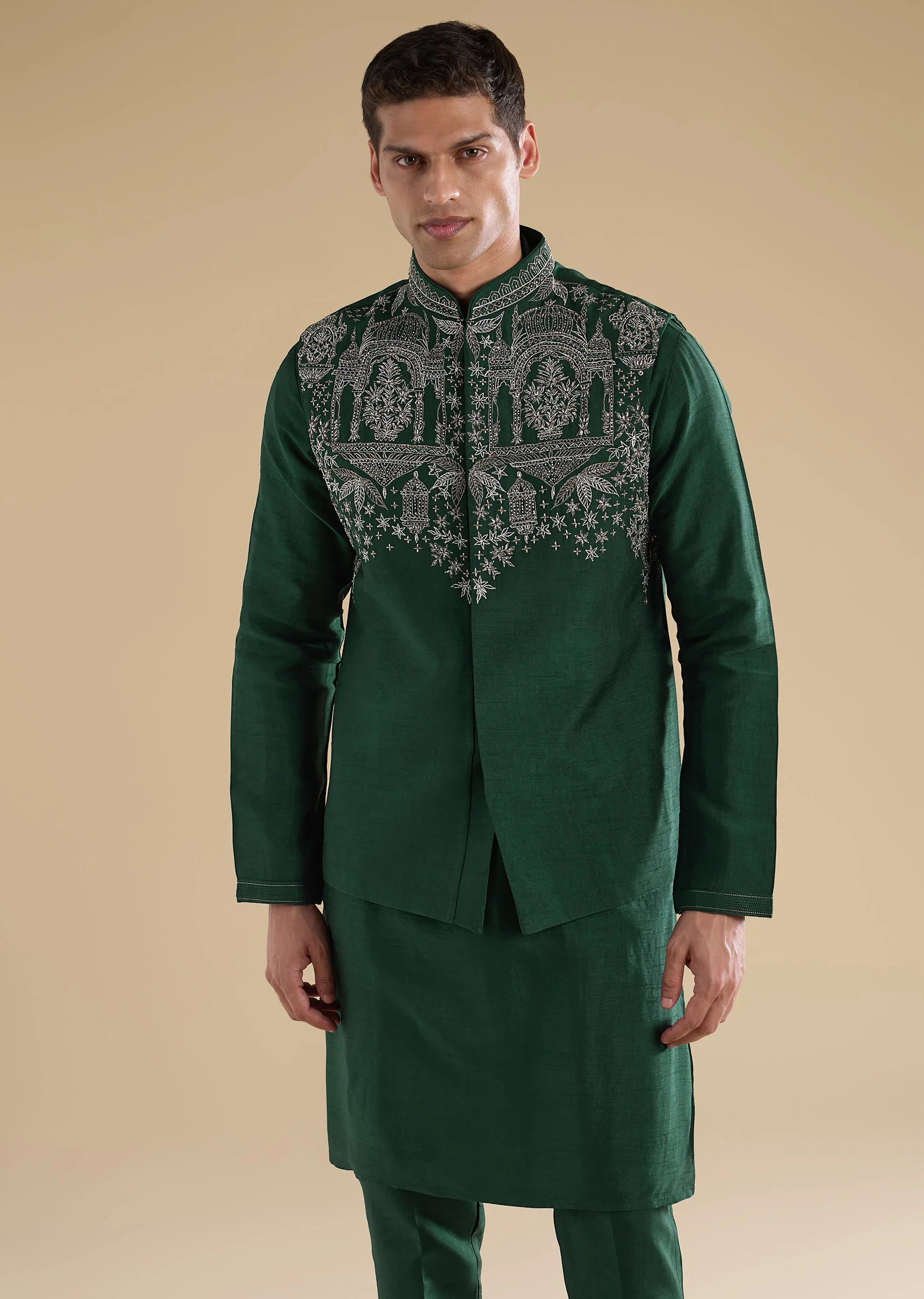 Green Embroidered Silk Kurta Jacket Set - Image 4