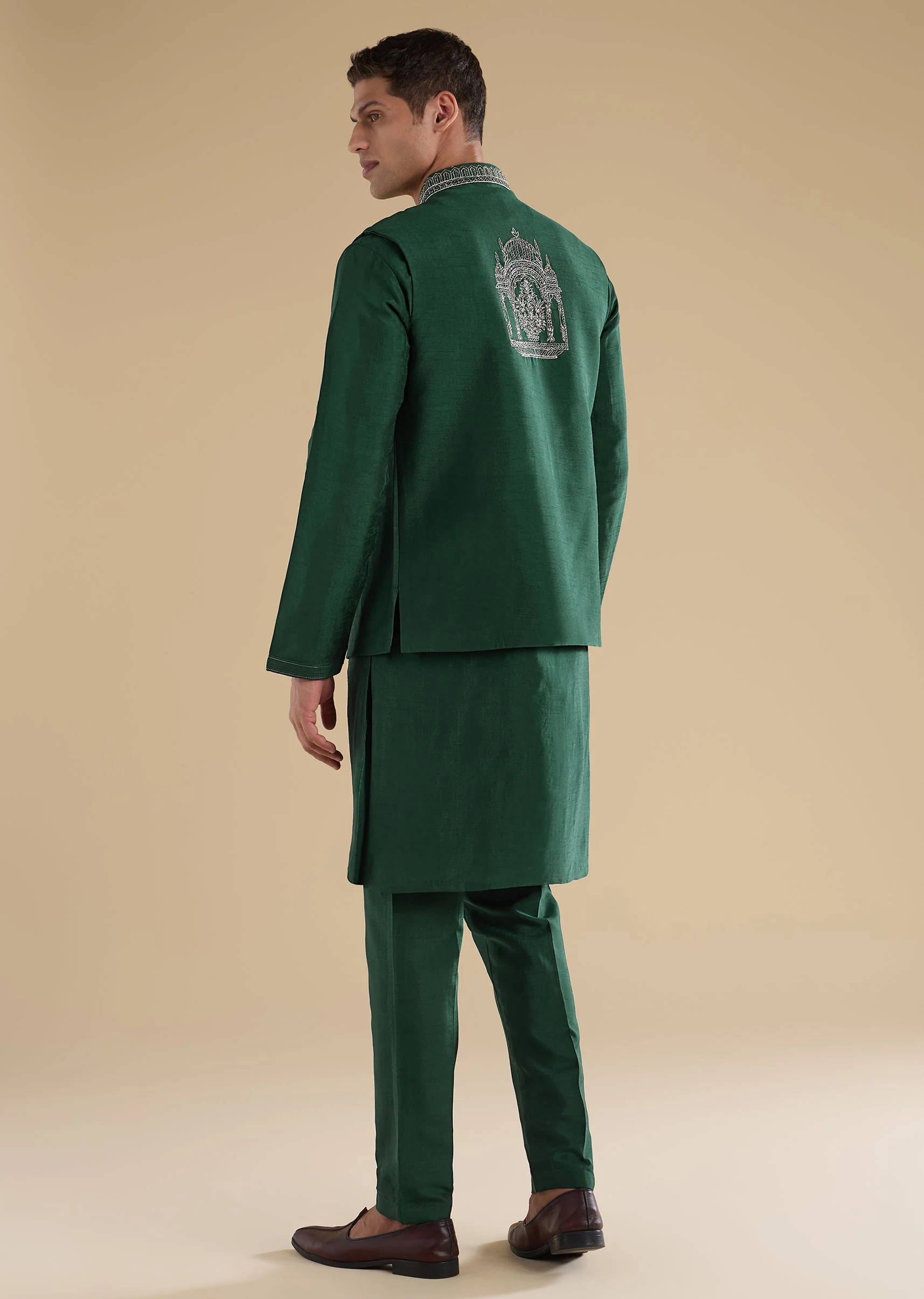 Green Embroidered Silk Kurta Jacket Set - Image 5